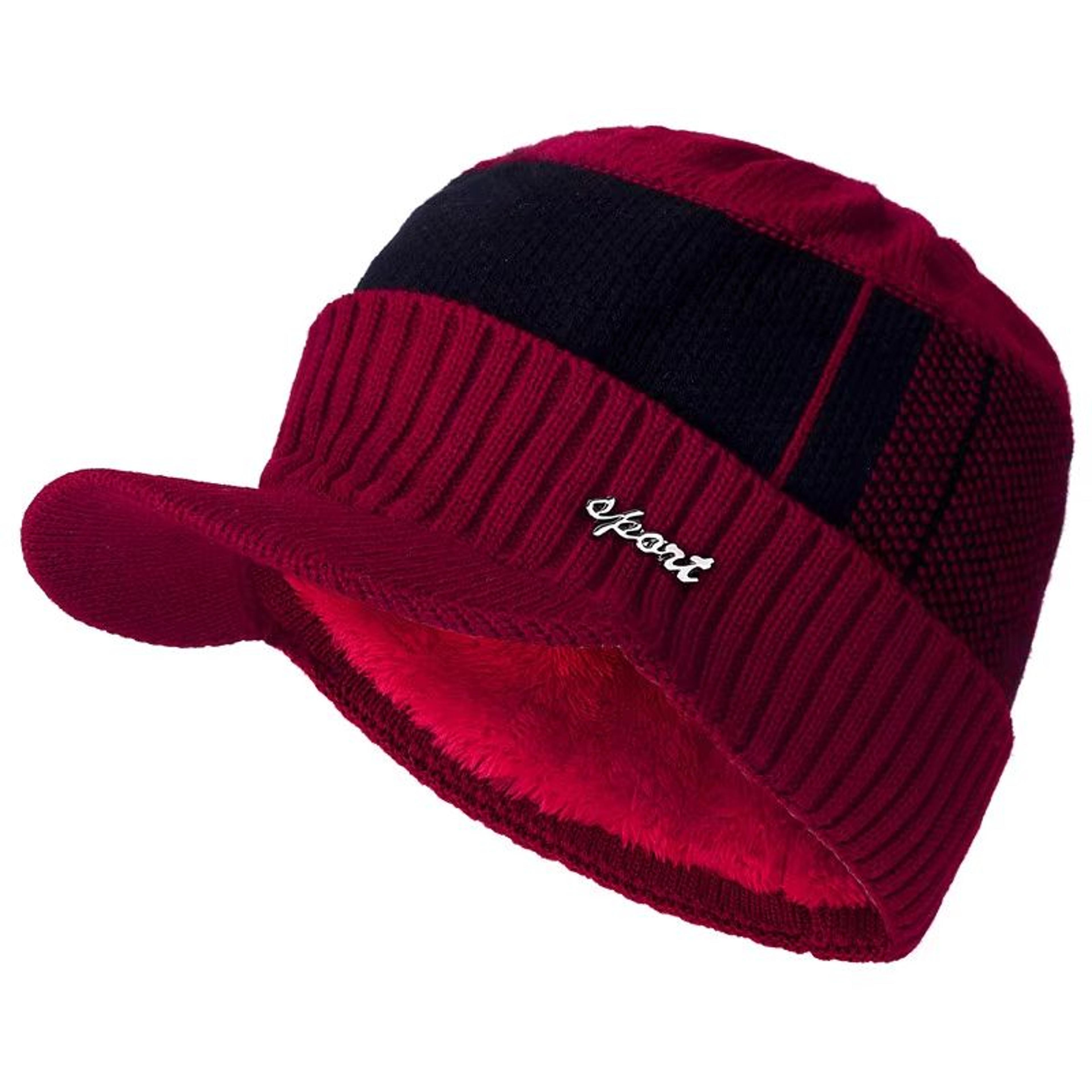 Unisex Fur Lined Beanie Hat With Brim Thick Warm Knit Winter Cap 9