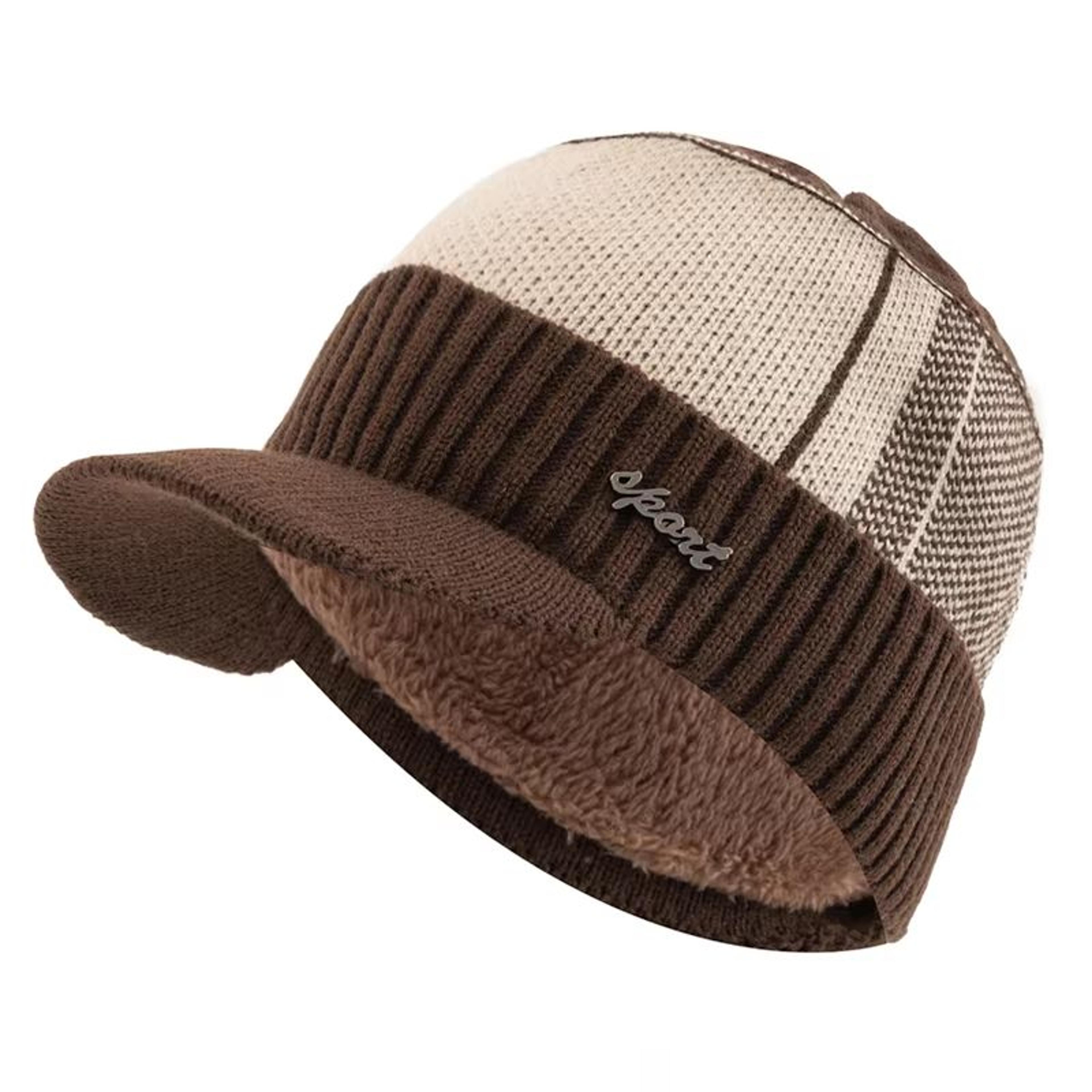 Unisex Fur Lined Beanie Hat With Brim Thick Warm Knit Winter Cap 6
