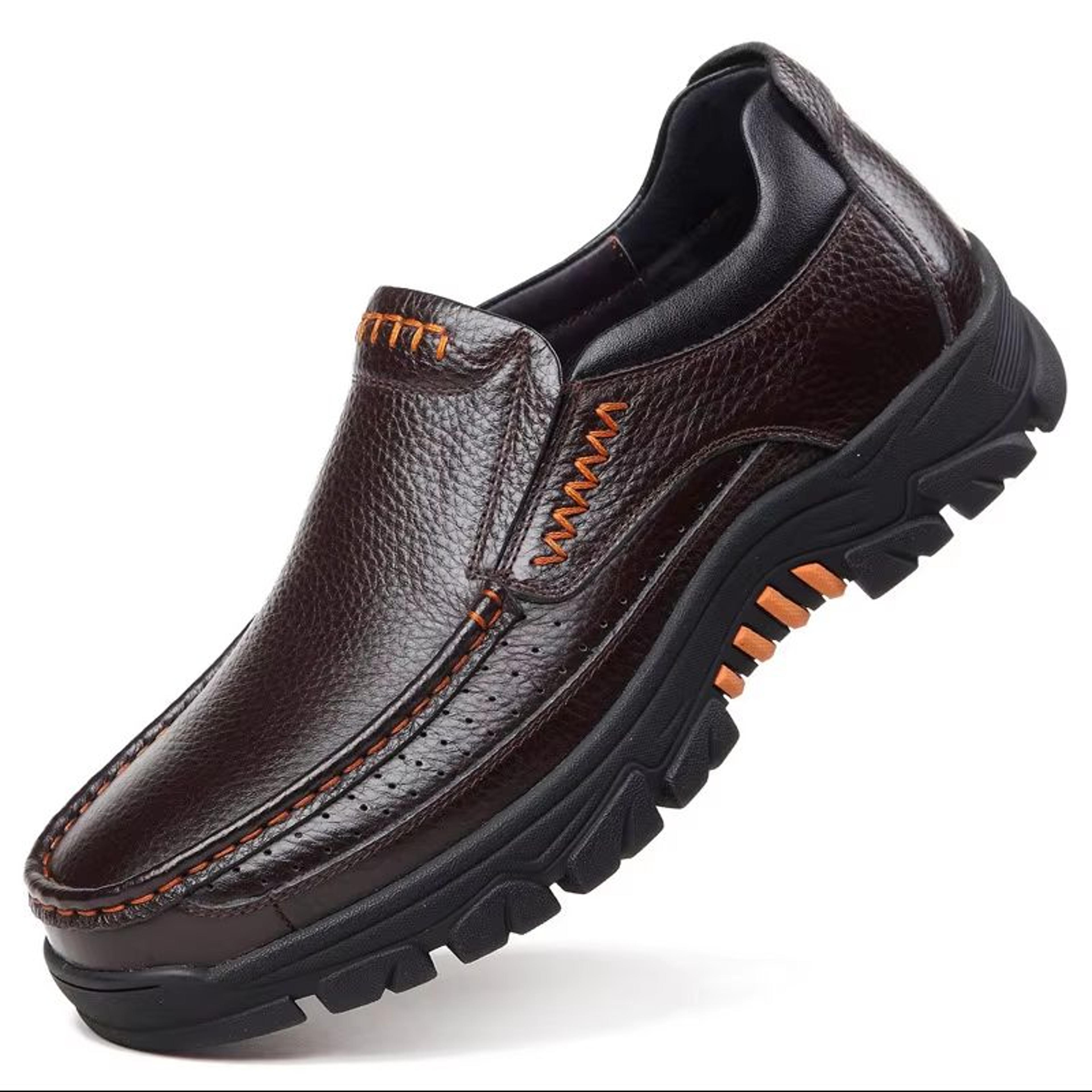 Genuine Leather Mens Slip On Loafers Thick Sole Cowhide Casual Work Shoes 6