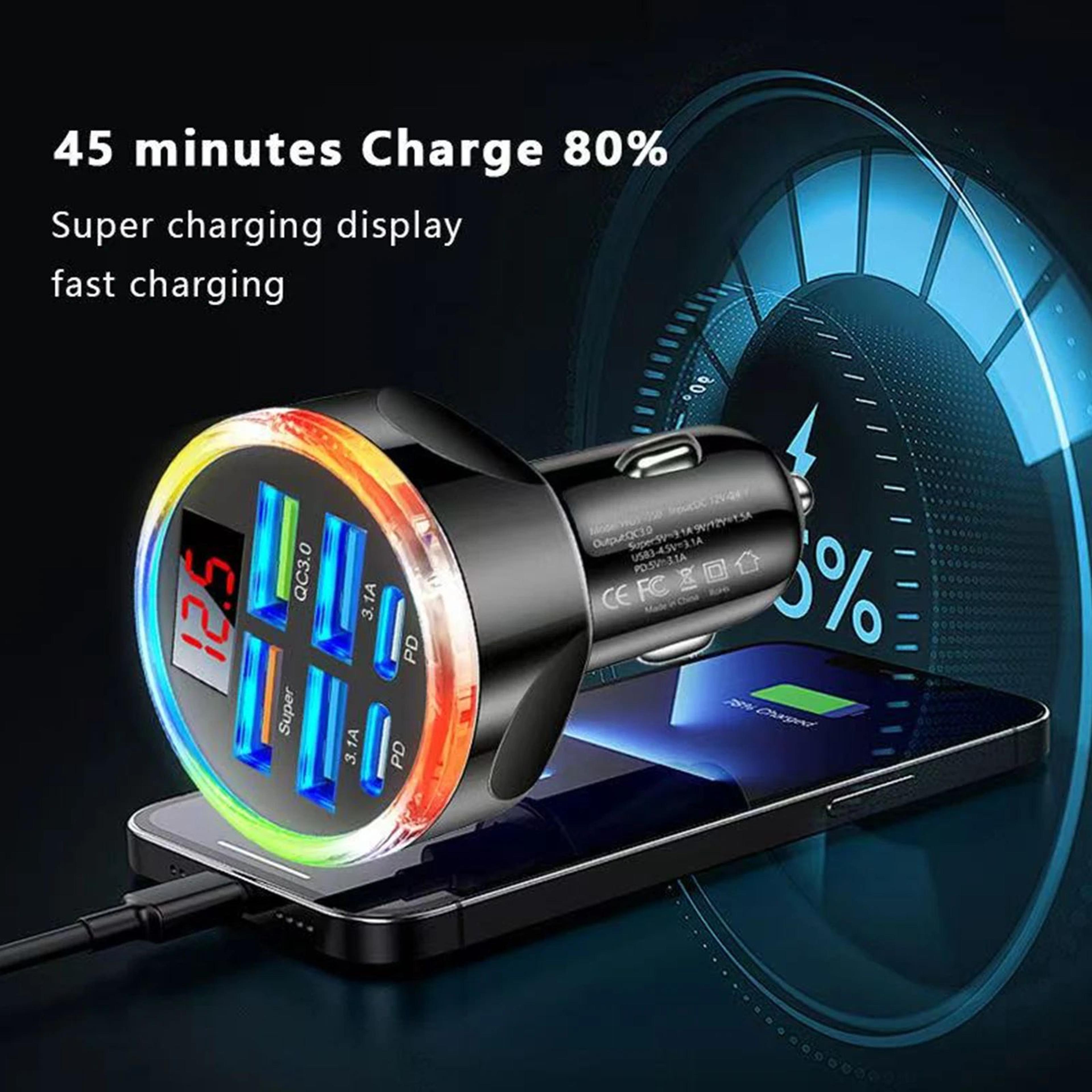 UYUXIO 6 In 1 Car Charger Dual PD USB C Fast Car Charger With Voltage Display And Color Light 3