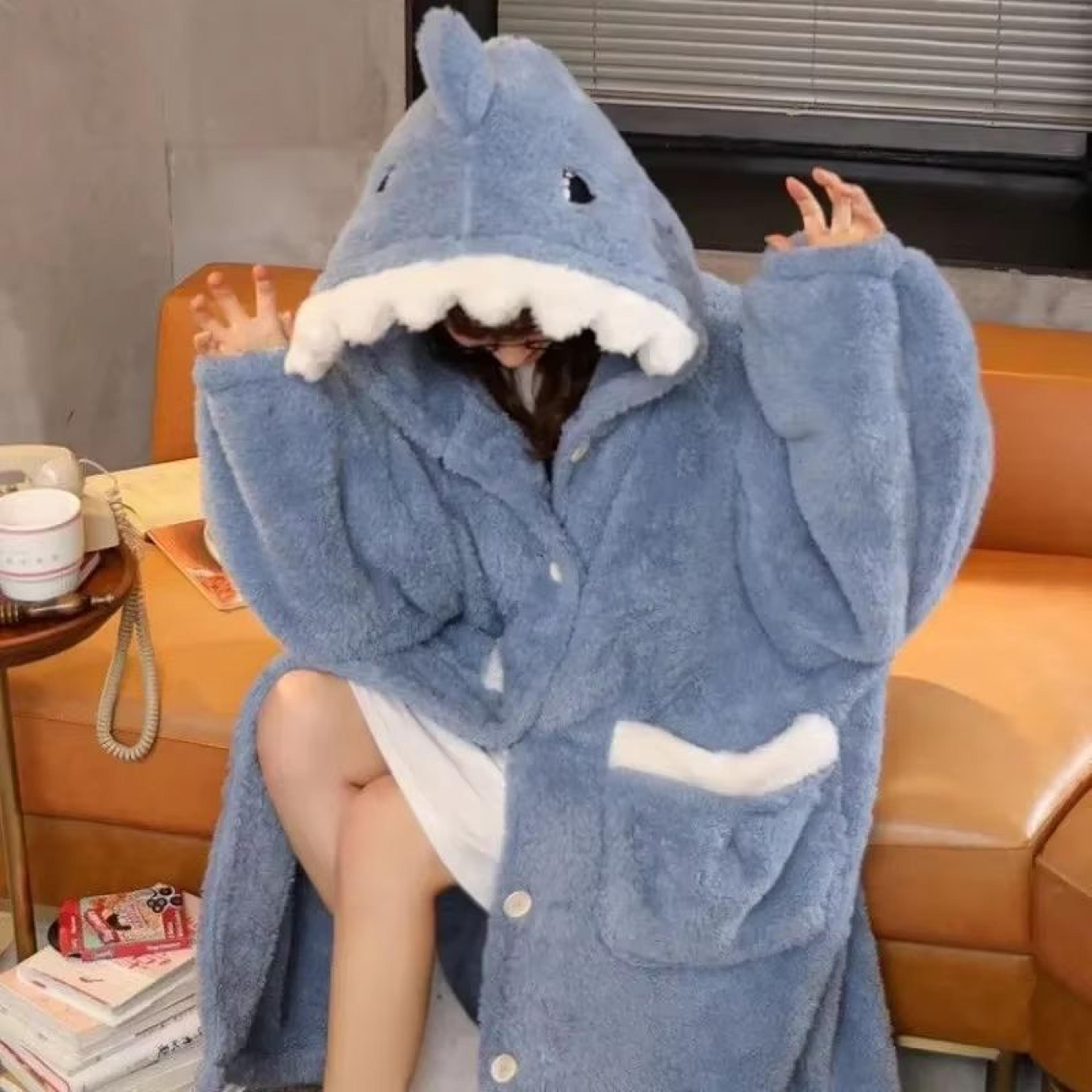 Womens Winter Warm Fleece Shark Hooded Pajama Nightgown 1