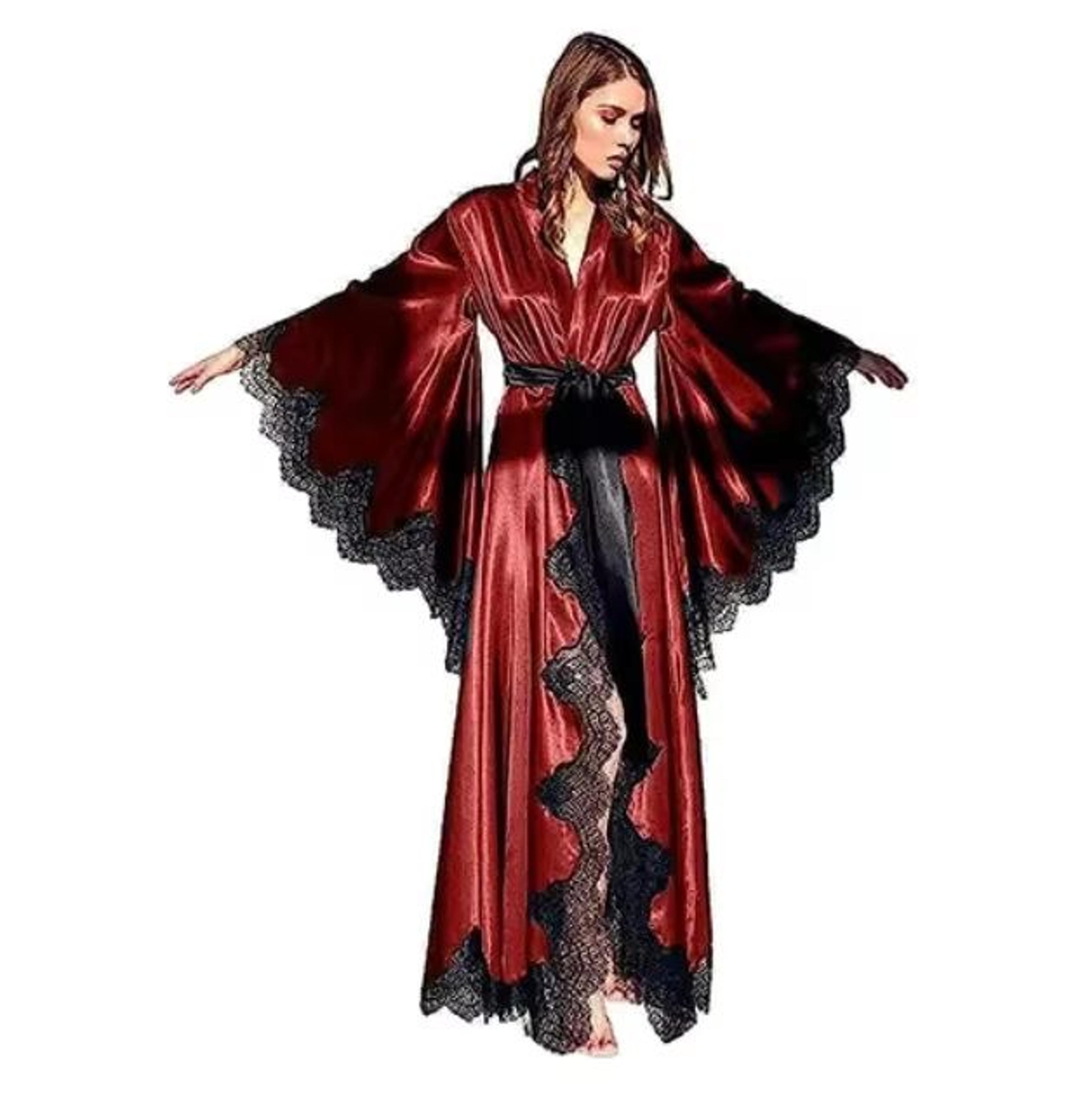 Womens Long Black Silk Satin Lace Trim Kimono Robe For Photo Shoot And Wedding 3