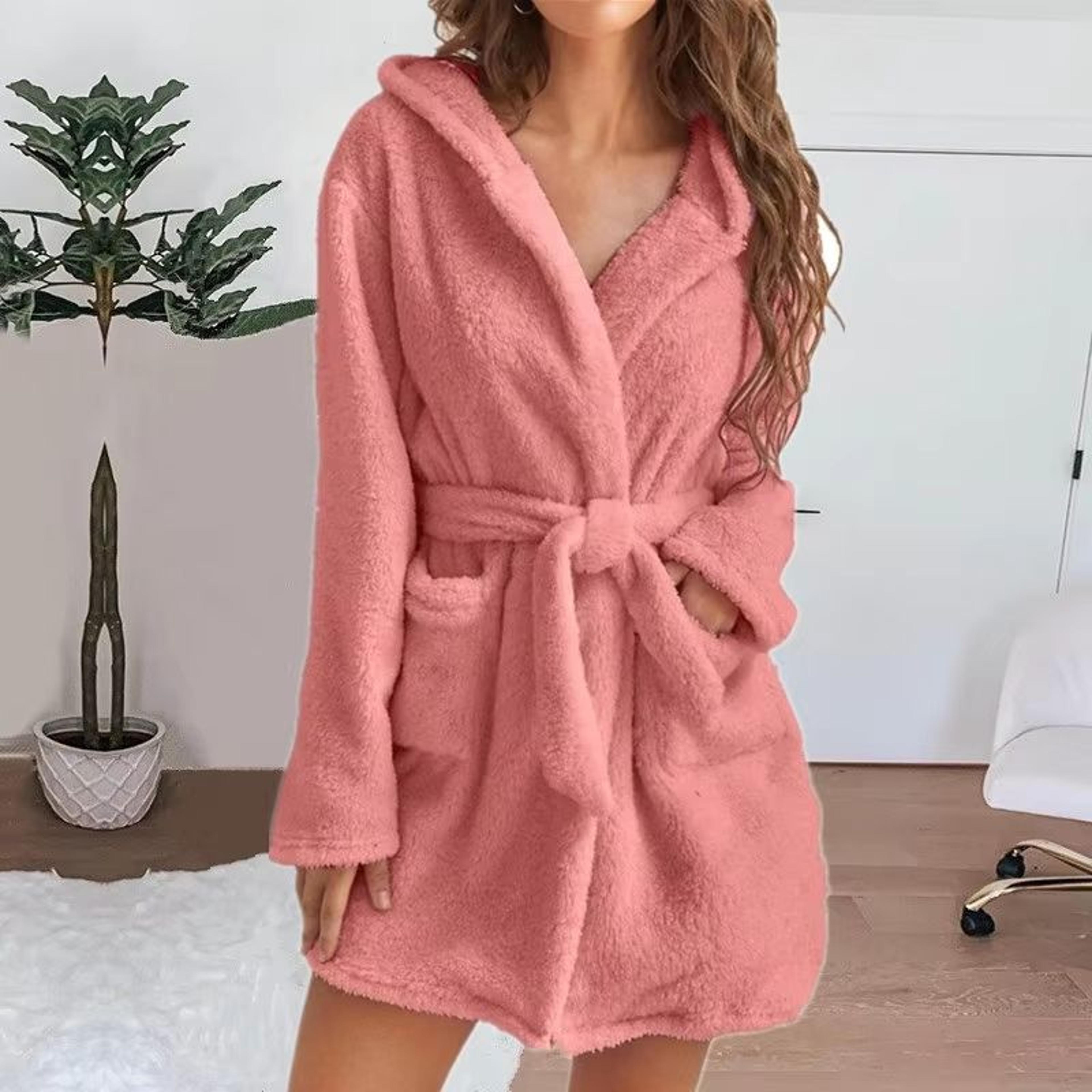Womens Winter Fluffy Plush Hooded Bathrobe Warm Loungewear Gown 1