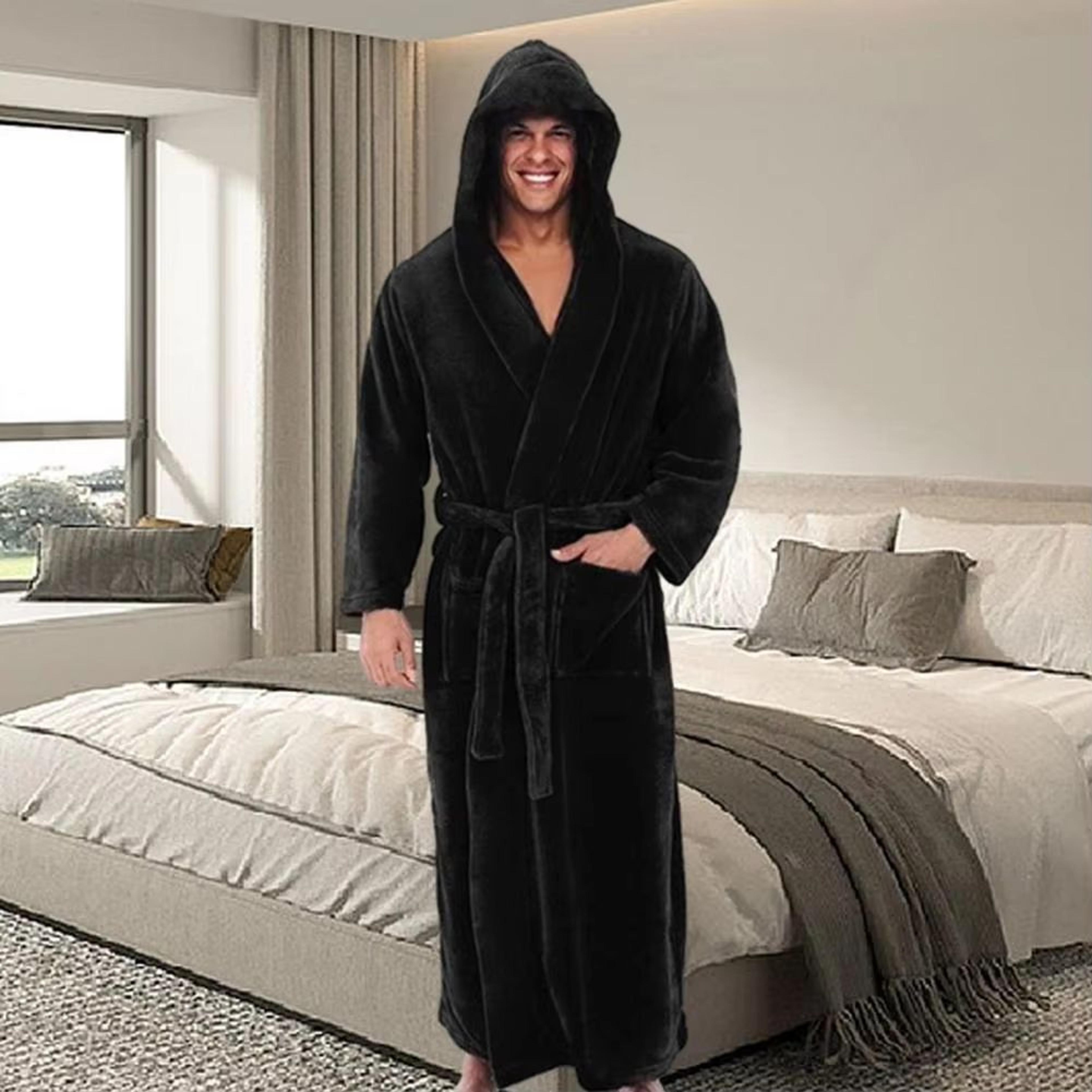 men's hooded flannel bathrobe long soft lounging sleepwear robe