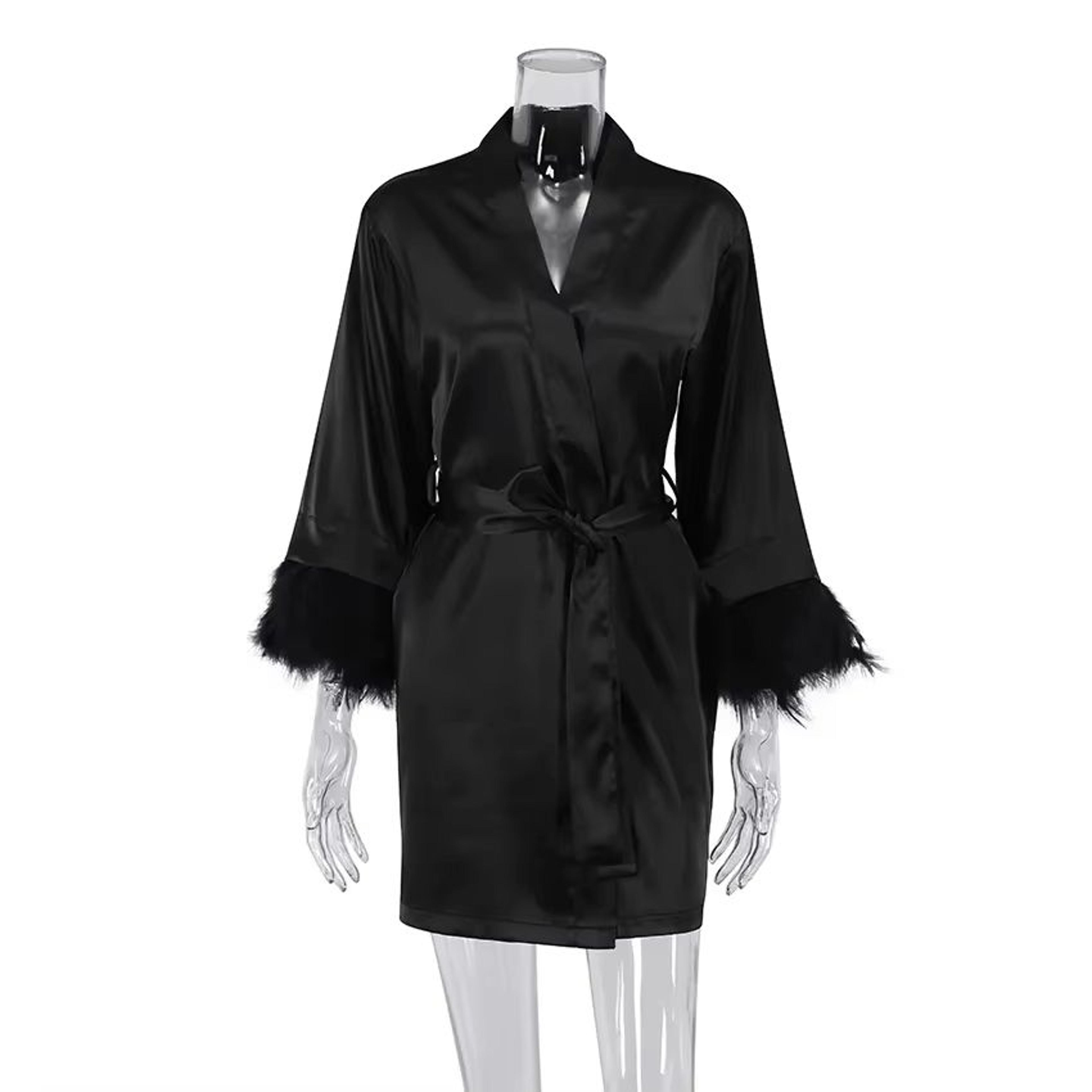 Womens White Satin FeatherTrimmed Bathrobe Elegant Bridal Sleepwear 2