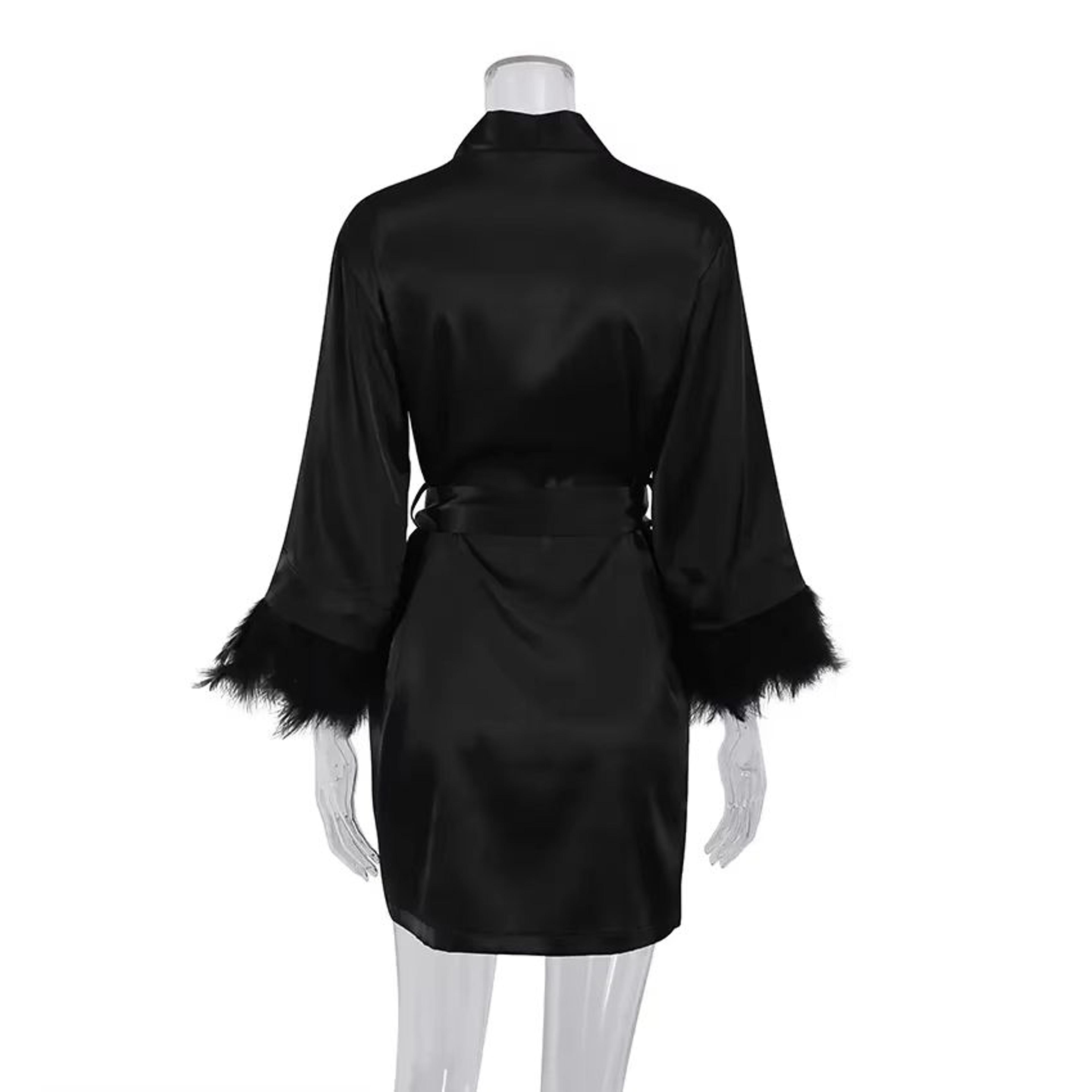Womens White Satin FeatherTrimmed Bathrobe Elegant Bridal Sleepwear 3