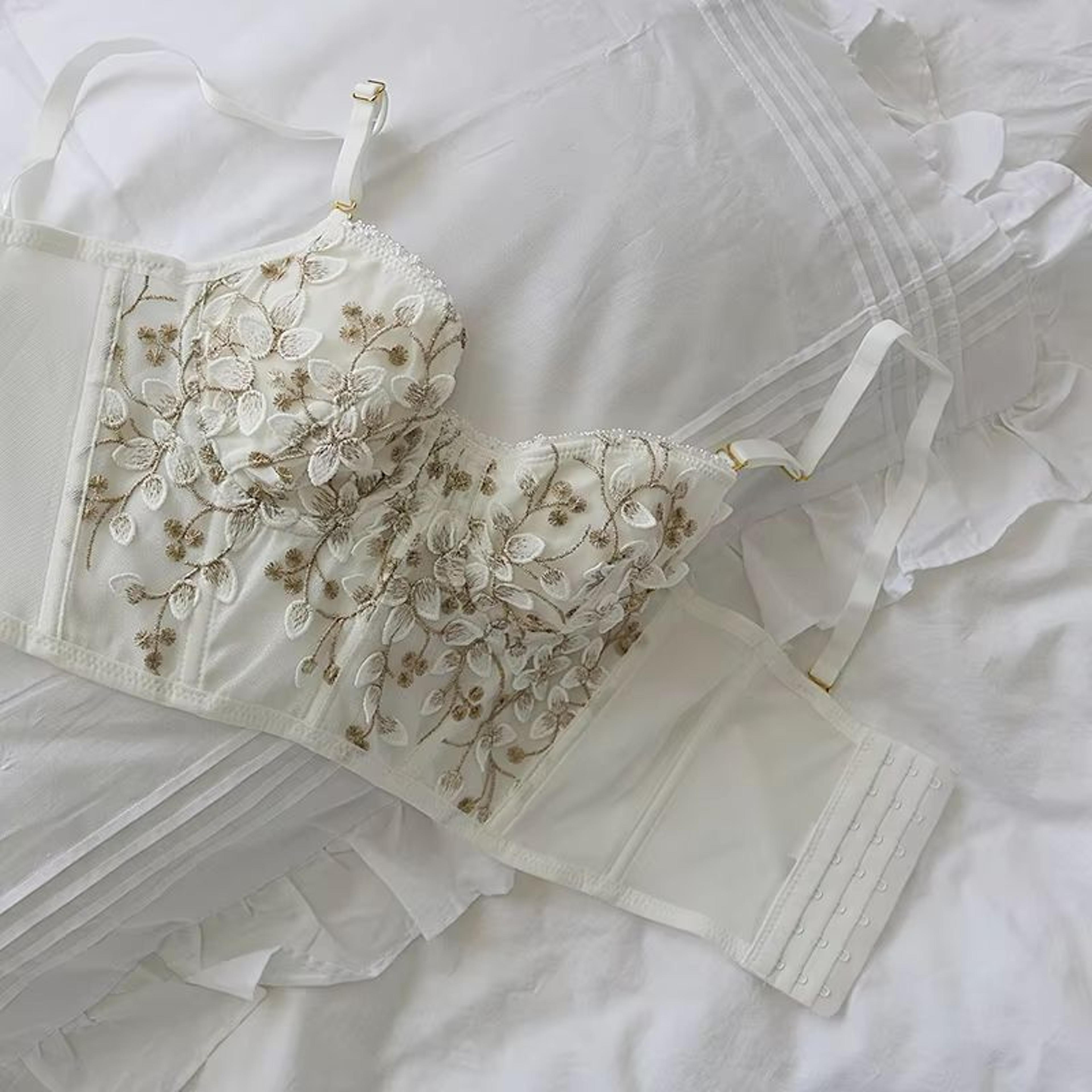 Elegant Lace Embroidered Halfcup Corset Bralette With Steel Ring Support 2