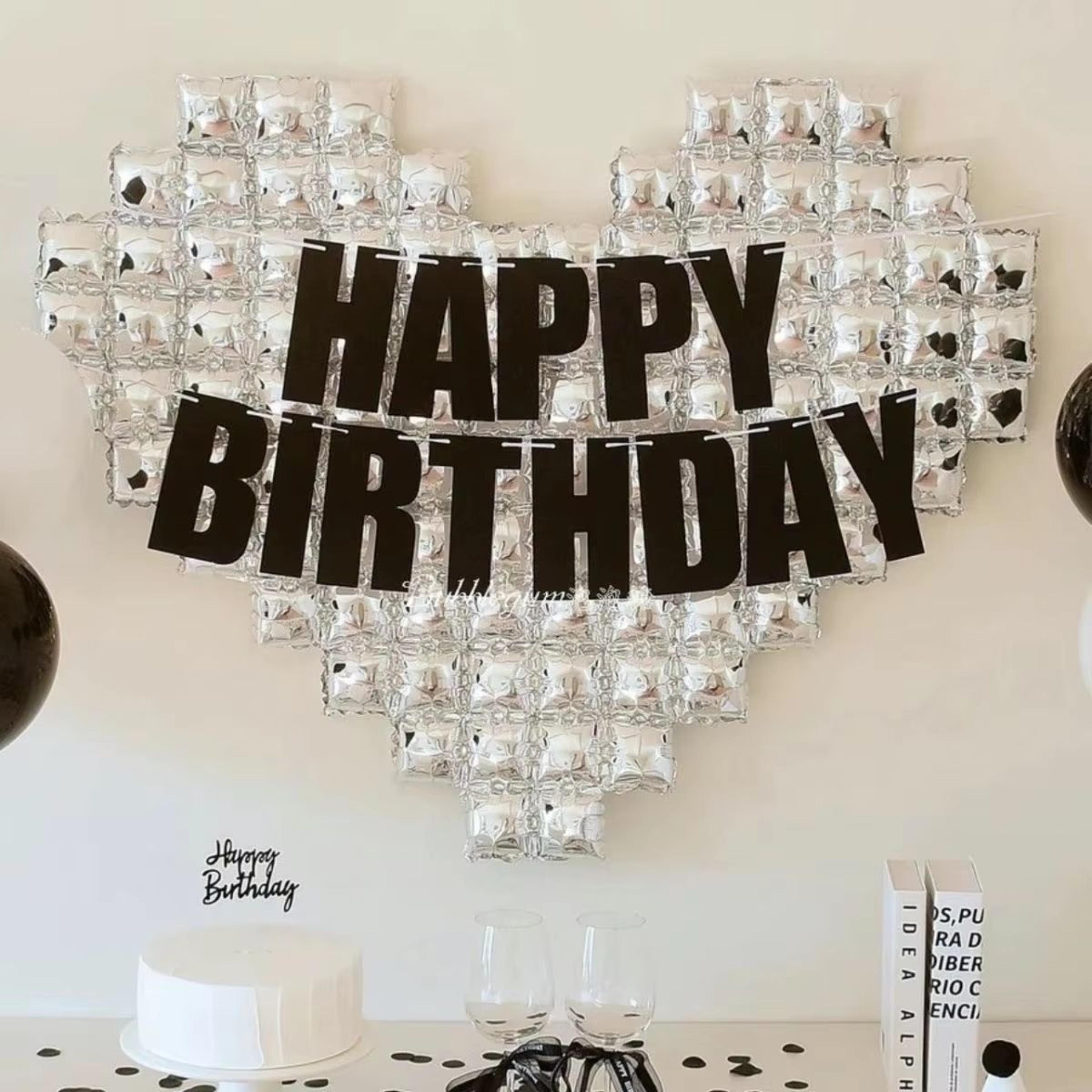 Happy Birthday Silver Mosaic Heart Balloon Backdrop With Black Glitter Banner 6