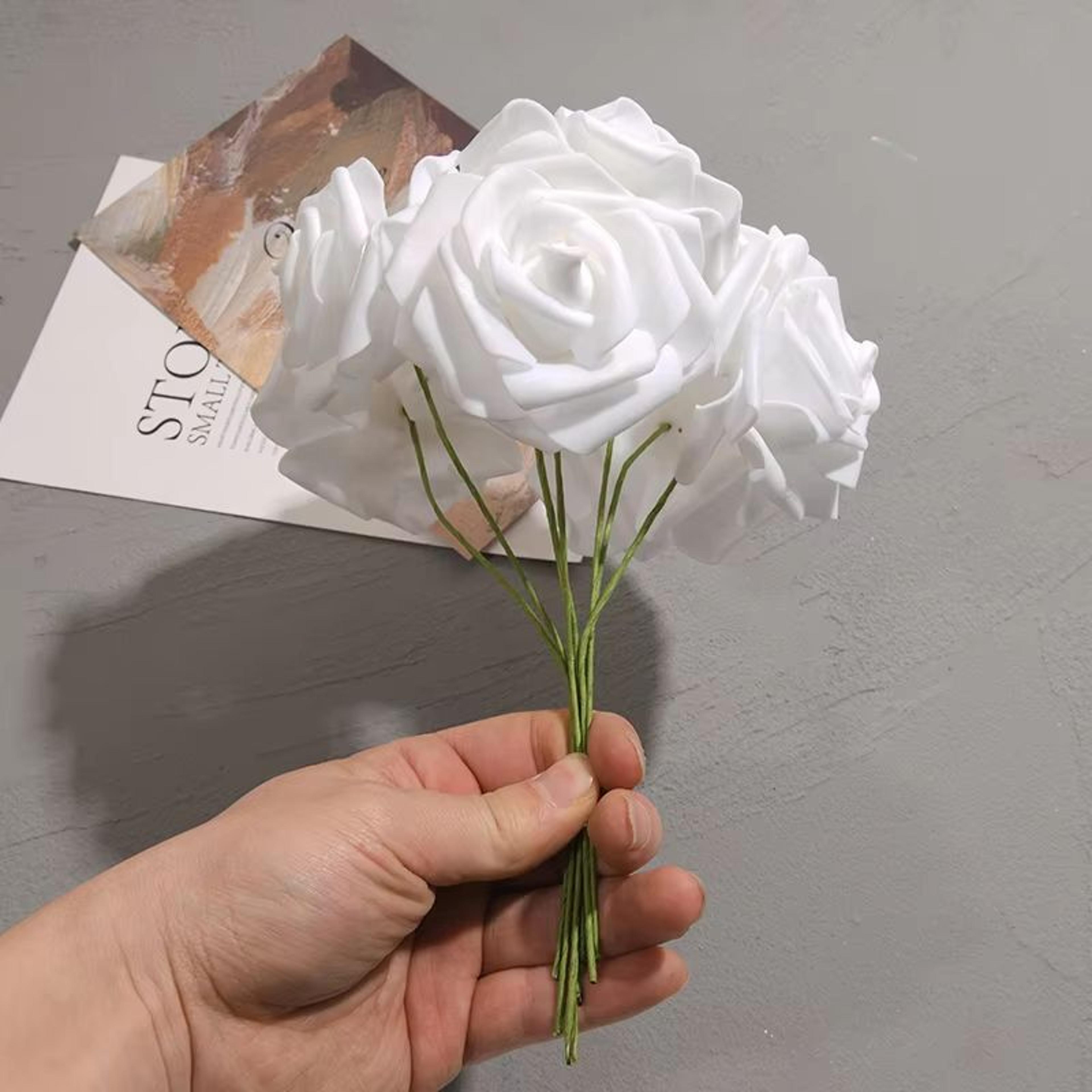 50Pack White PE Rose Artificial Flower Heads With Stems For DIY Decor 4