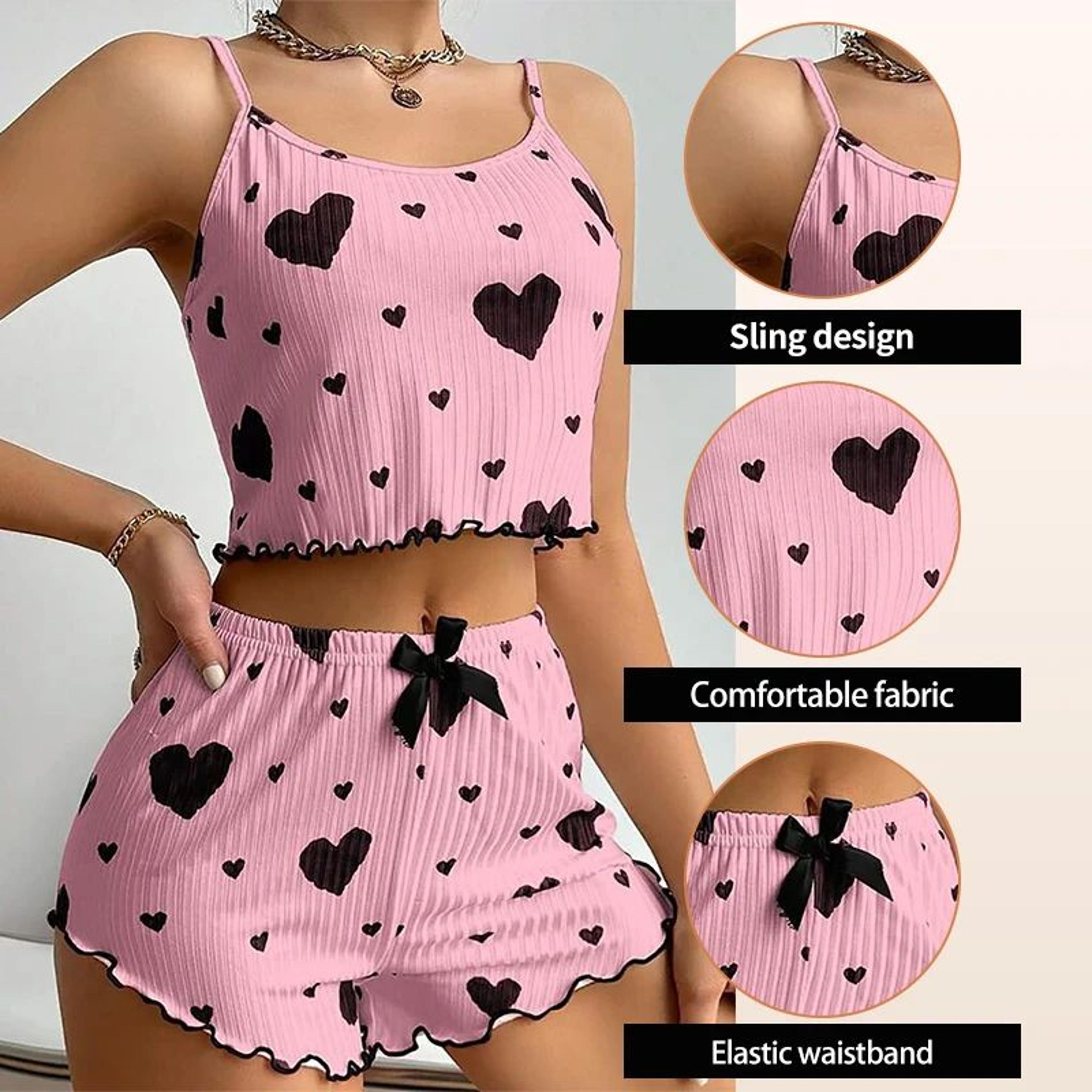 Womens 2 PCS Pajamas Set  Soft Short Tank Top And Shorts Sleepwear In White With Love Print 2