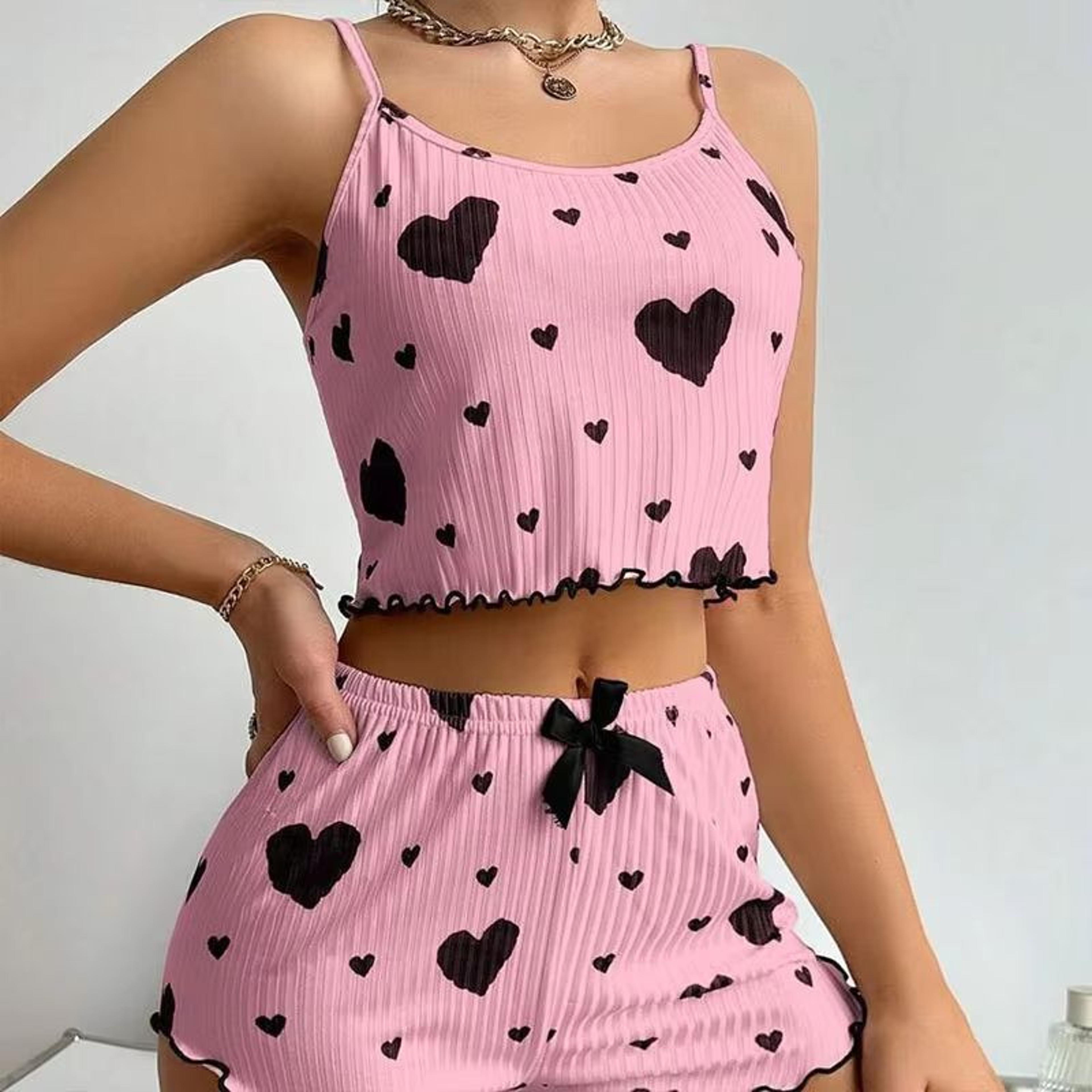 Womens 2 PCS Pajamas Set  Soft Short Tank Top And Shorts Sleepwear In White With Love Print 19