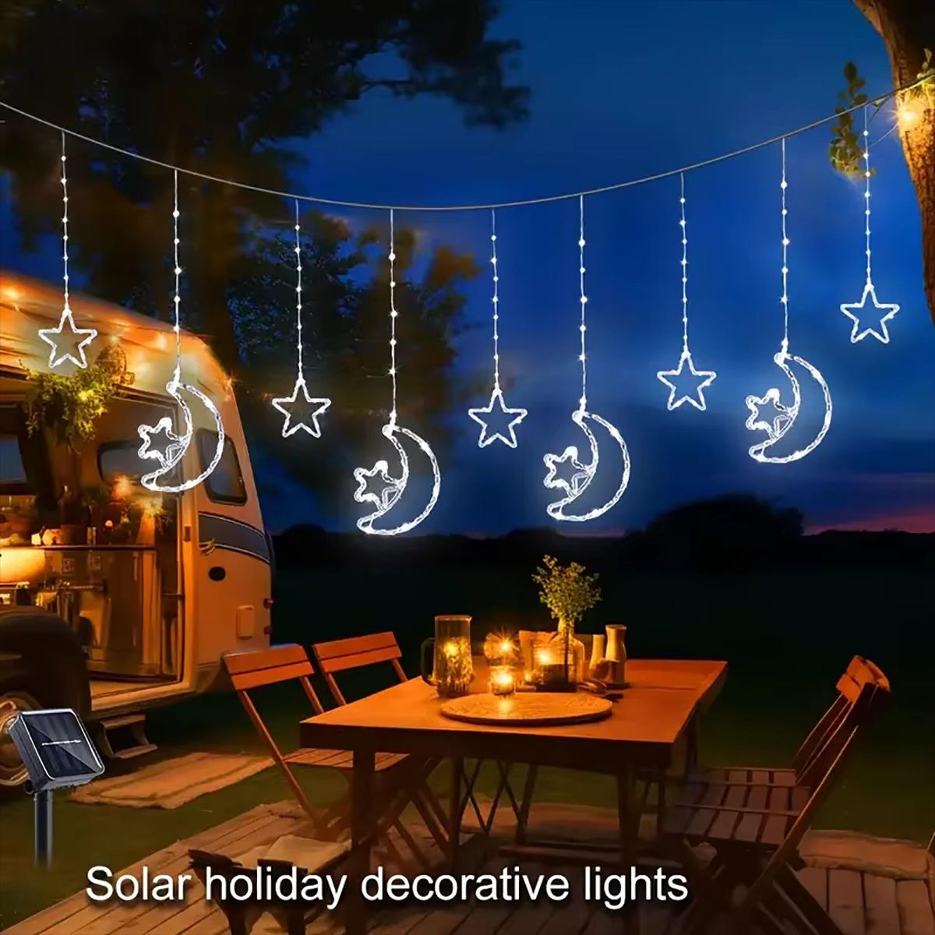 Solar 3M 120LED Star Moon Curtain String Lights Outdoor Decorative LED Fairy Lights For Garden Pati 7