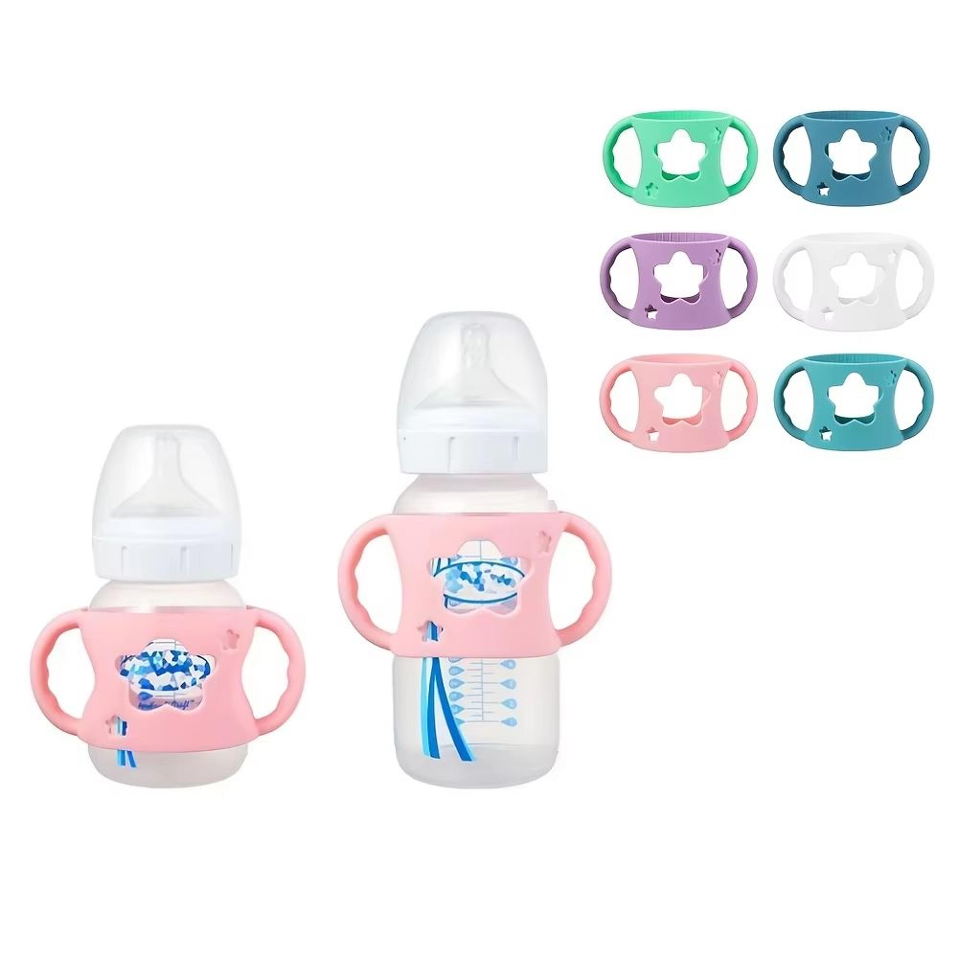 wide-neck silicone baby bottle sleeve with easy-grip handles for safer feeding