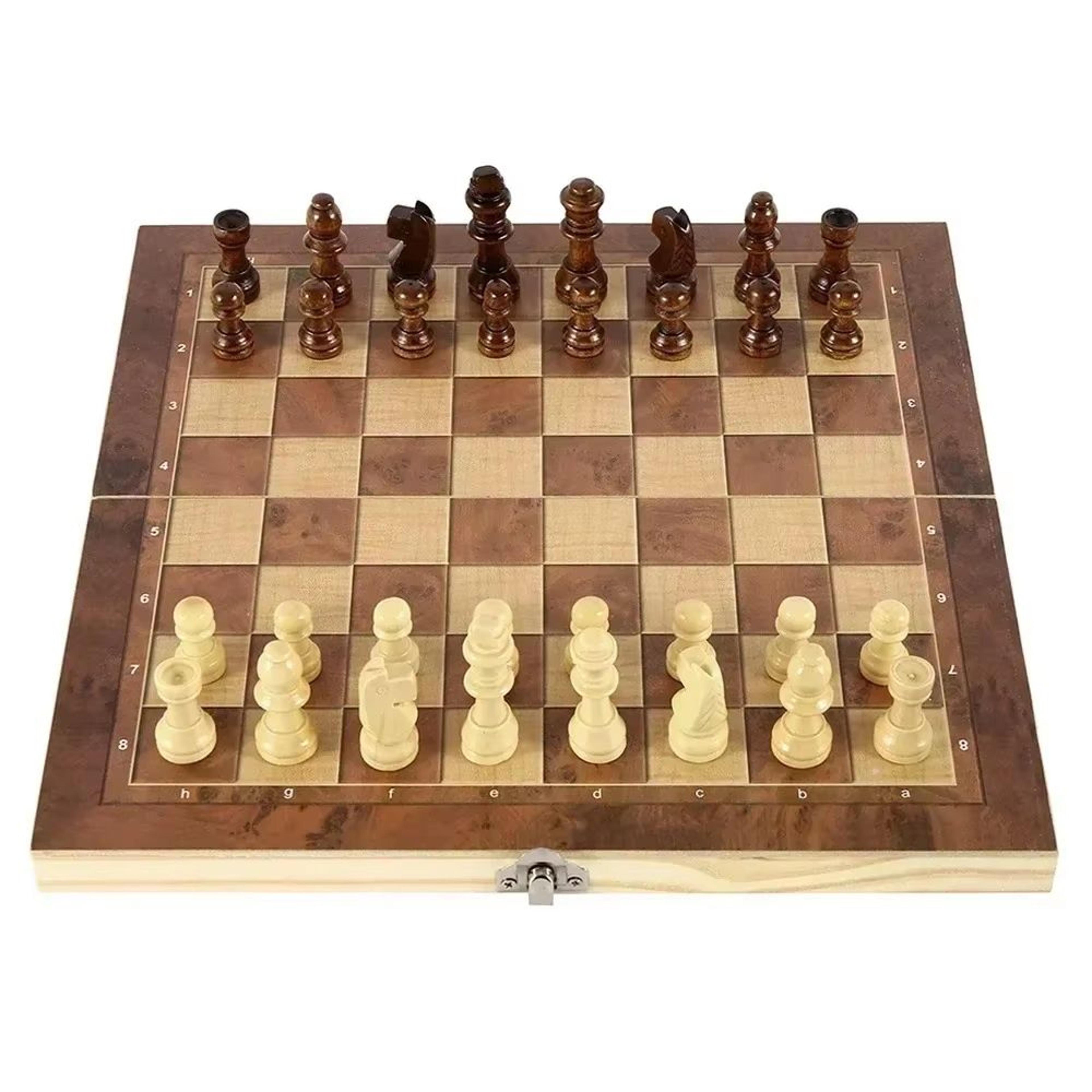 3in1 Folding Wooden Chess Board Set With Checkers And Backgammon Portable Travel Game Case 4