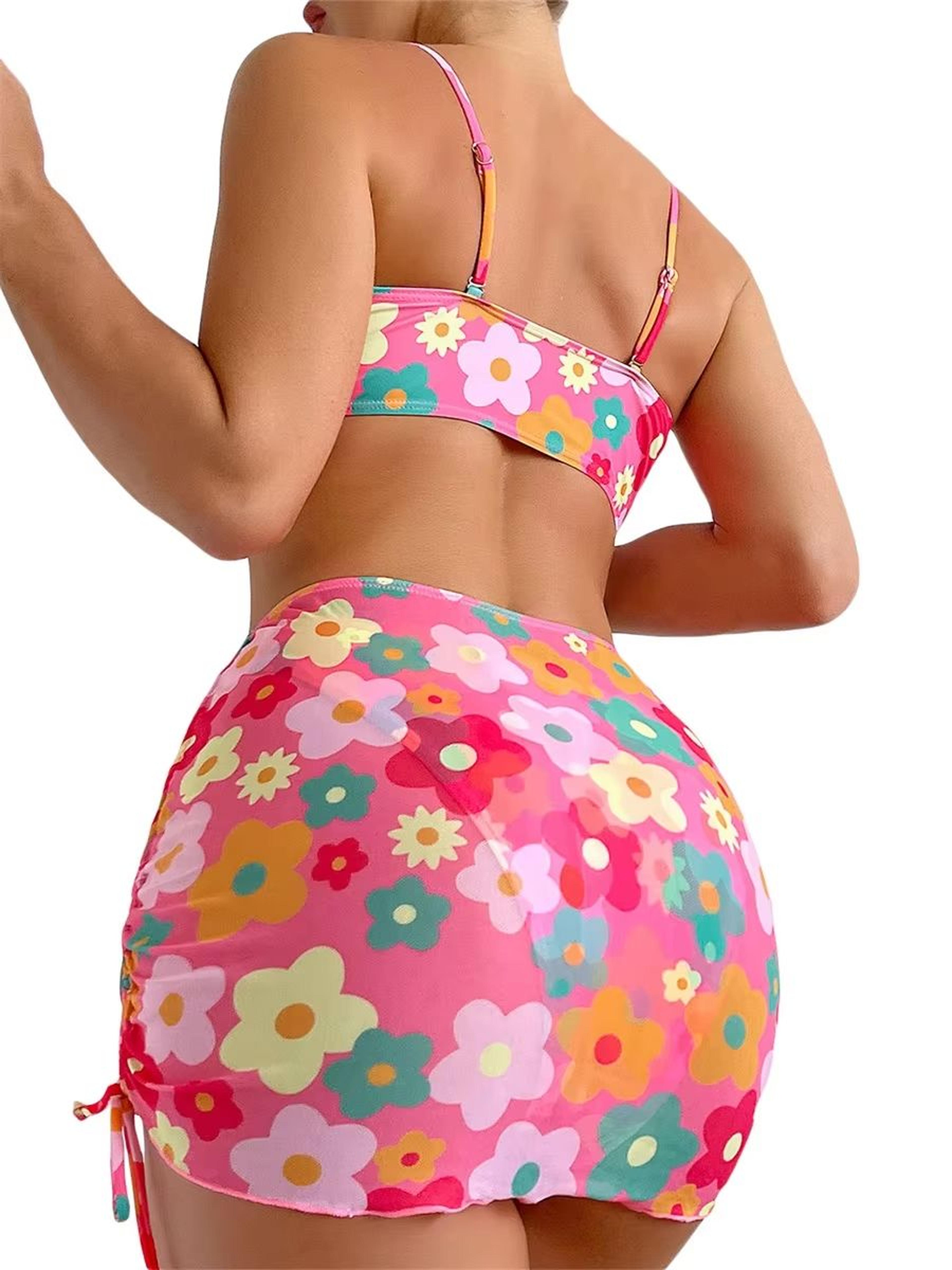 Womens 3Piece Floral Swimsuit Set With PushUp Bra Elastic Briefs And Cover Up Skirt Beachwear 3