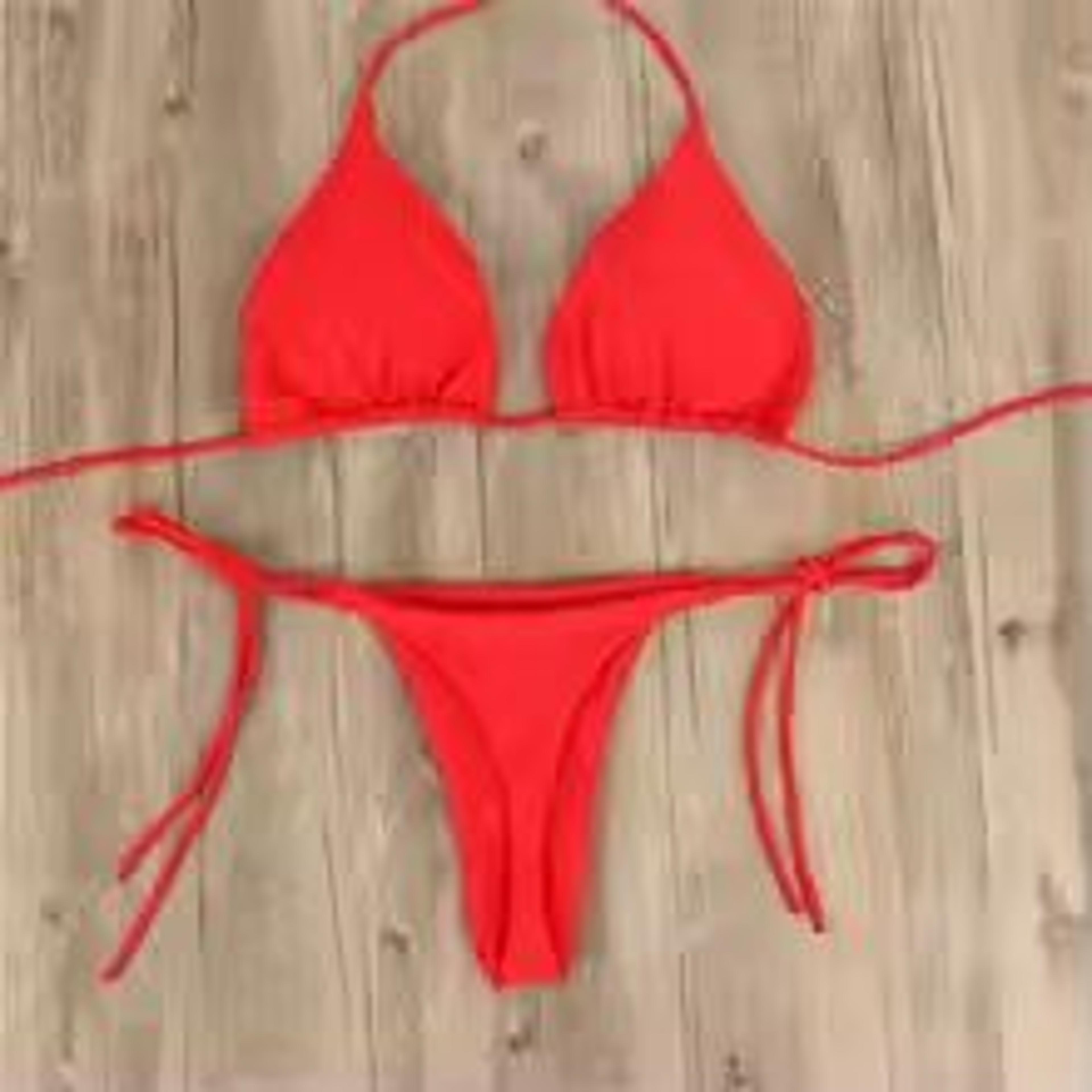 Solid Pink HighLeg Thong Bikini Set For Women Sexy 2Piece Beachwear Swimwear 11