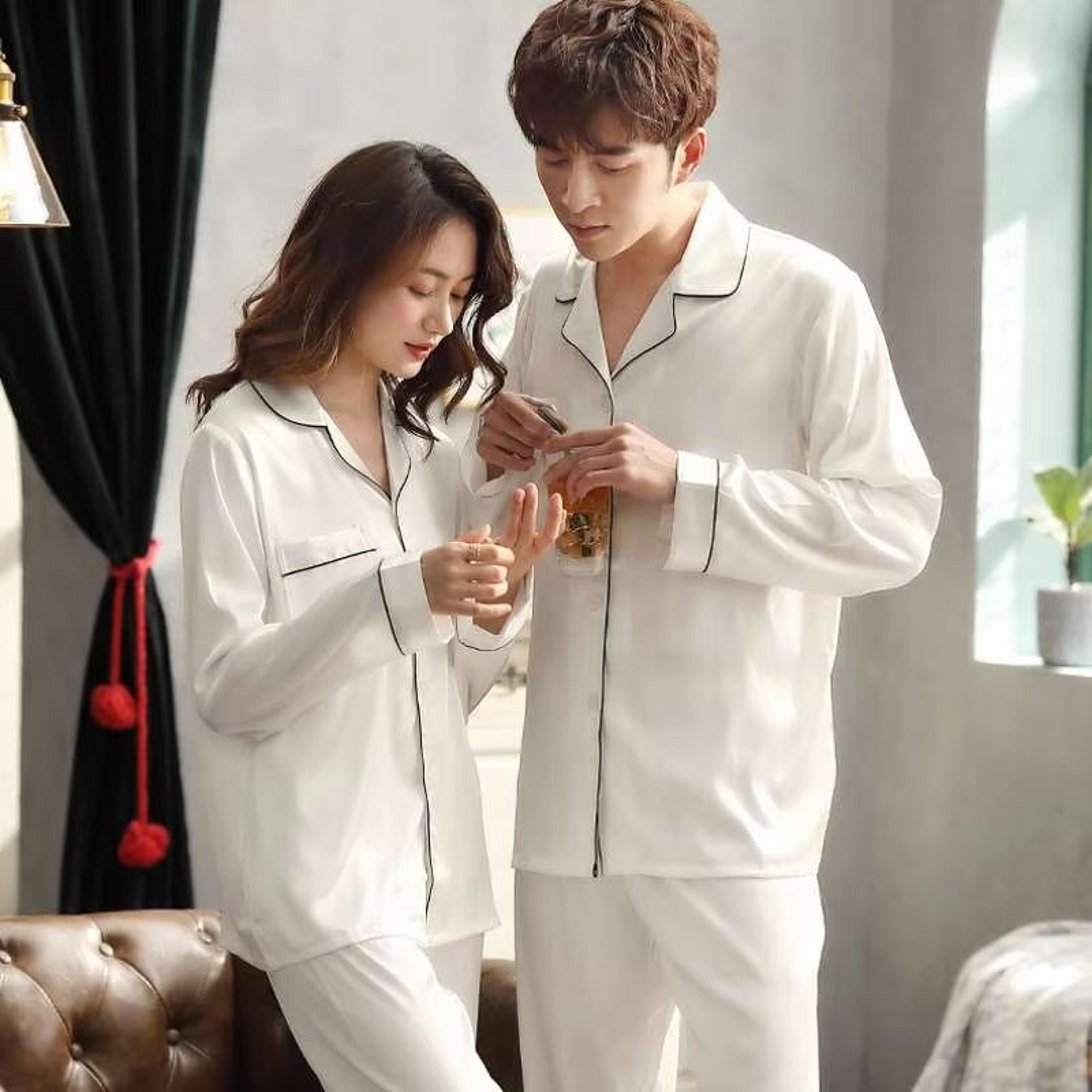 Silk Satin Couples Pajama Set  Luxury Long Sleeve Button Down Sleepwear For Women And Men 2