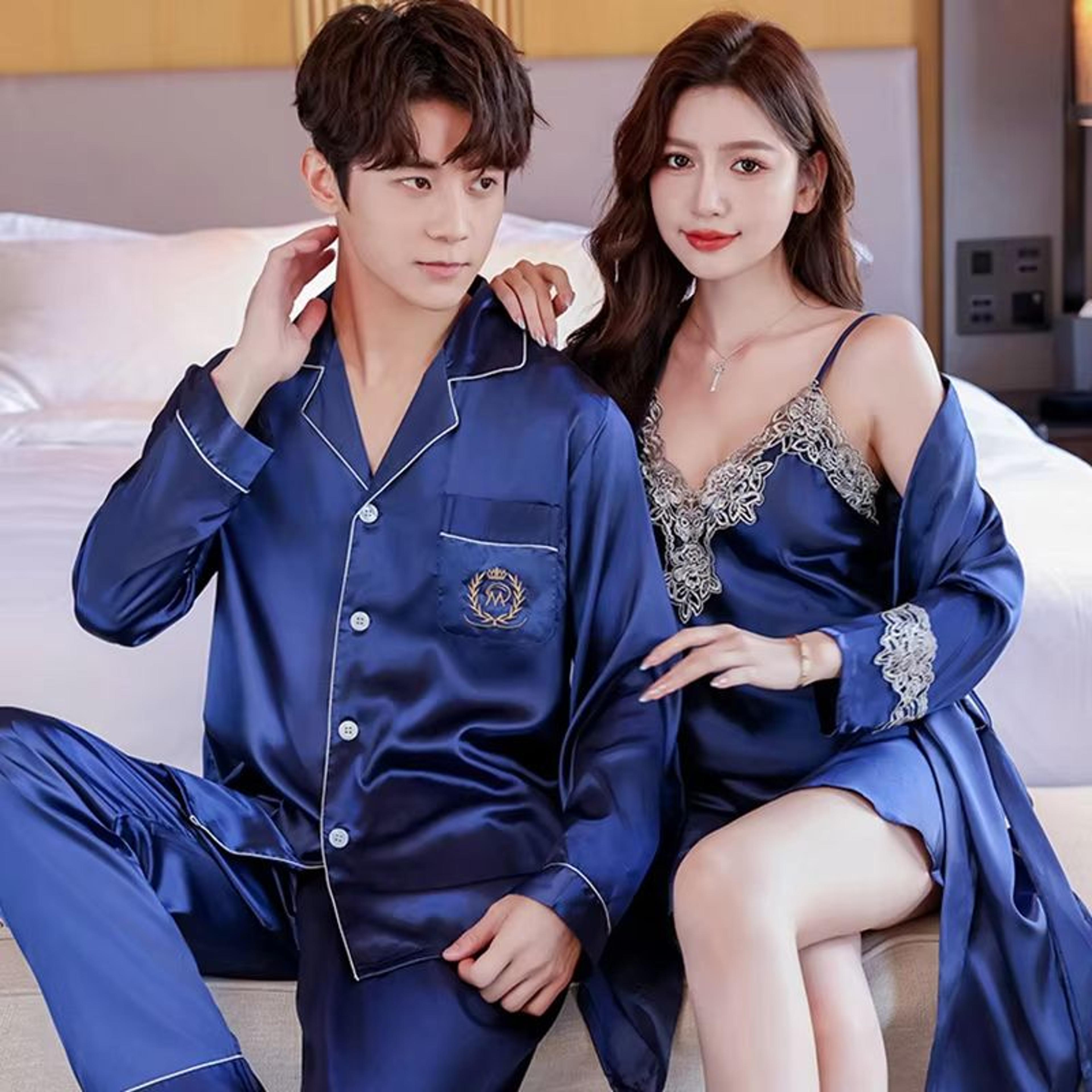 Luxury Silk Satin Couples Nightwear Set  Women Sexy Nightdress With Men Long Sleeve Pants  Robe Sle 10