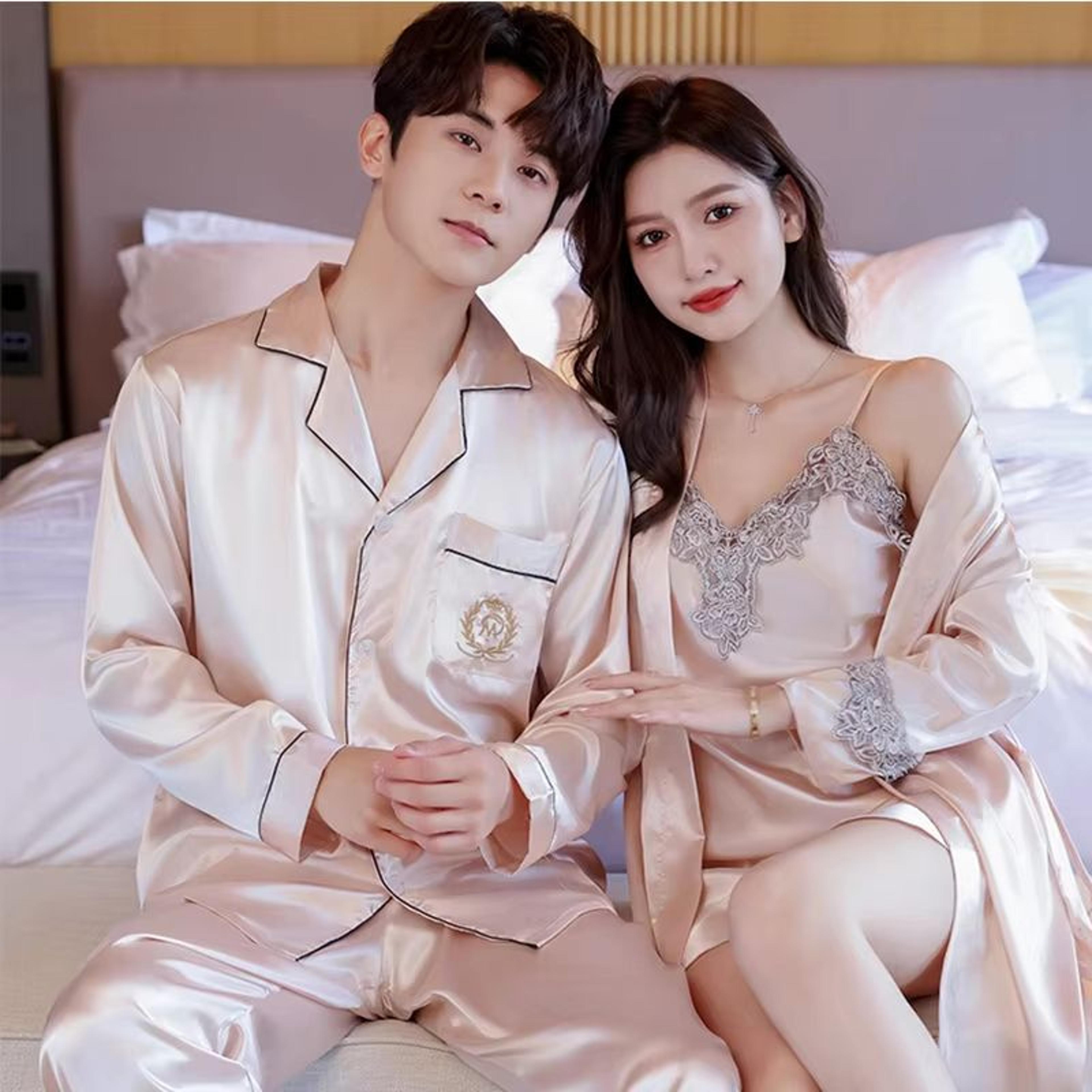 Luxury Silk Satin Couples Nightwear Set  Women Sexy Nightdress With Men Long Sleeve Pants  Robe Sle 7