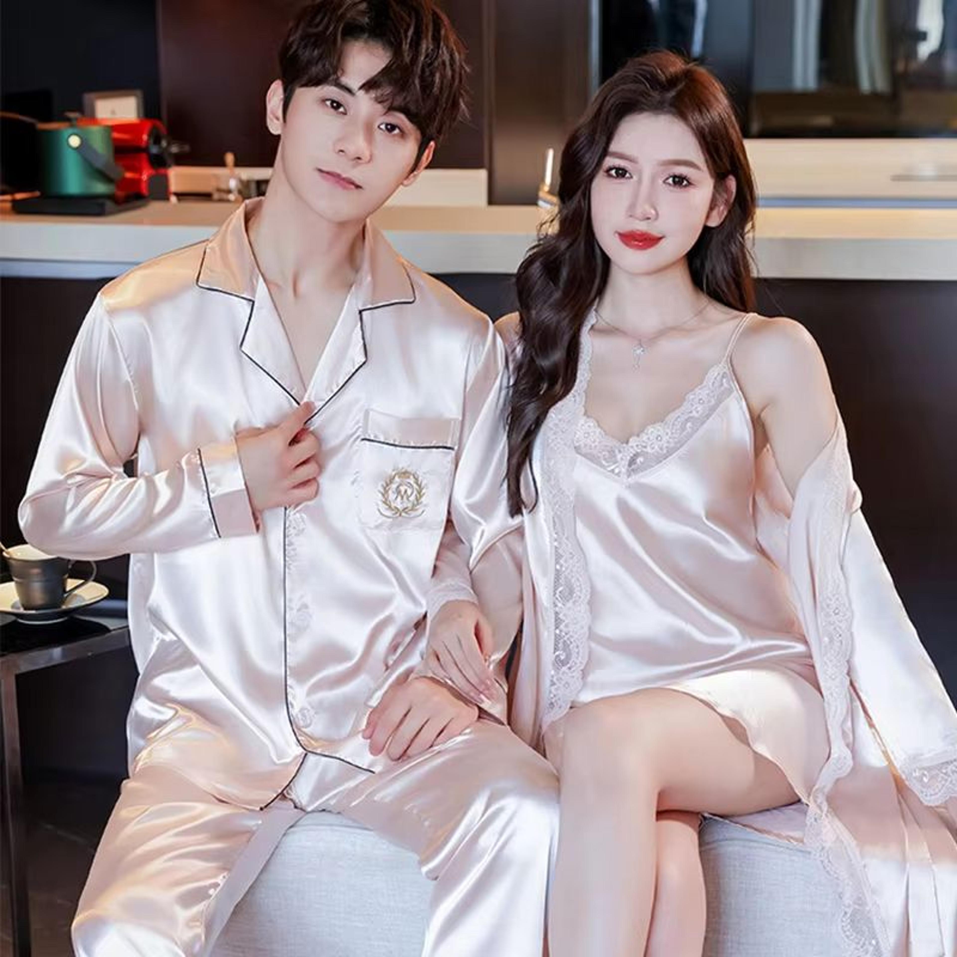 Luxury Silk Satin Couples Nightwear Set  Women Sexy Nightdress With Men Long Sleeve Pants  Robe Sle 14