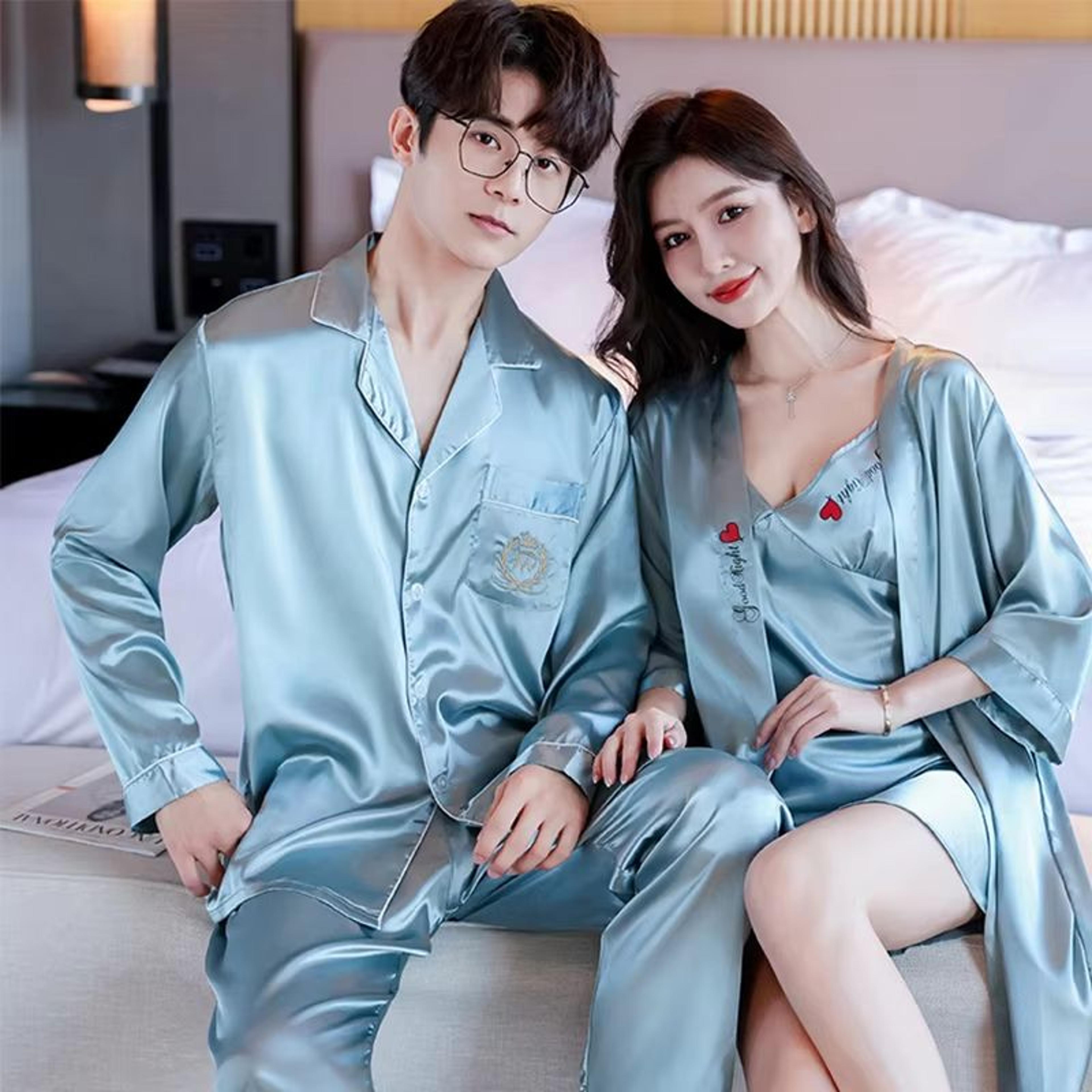 Luxury Silk Satin Couples Nightwear Set  Women Sexy Nightdress With Men Long Sleeve Pants  Robe Sle 15