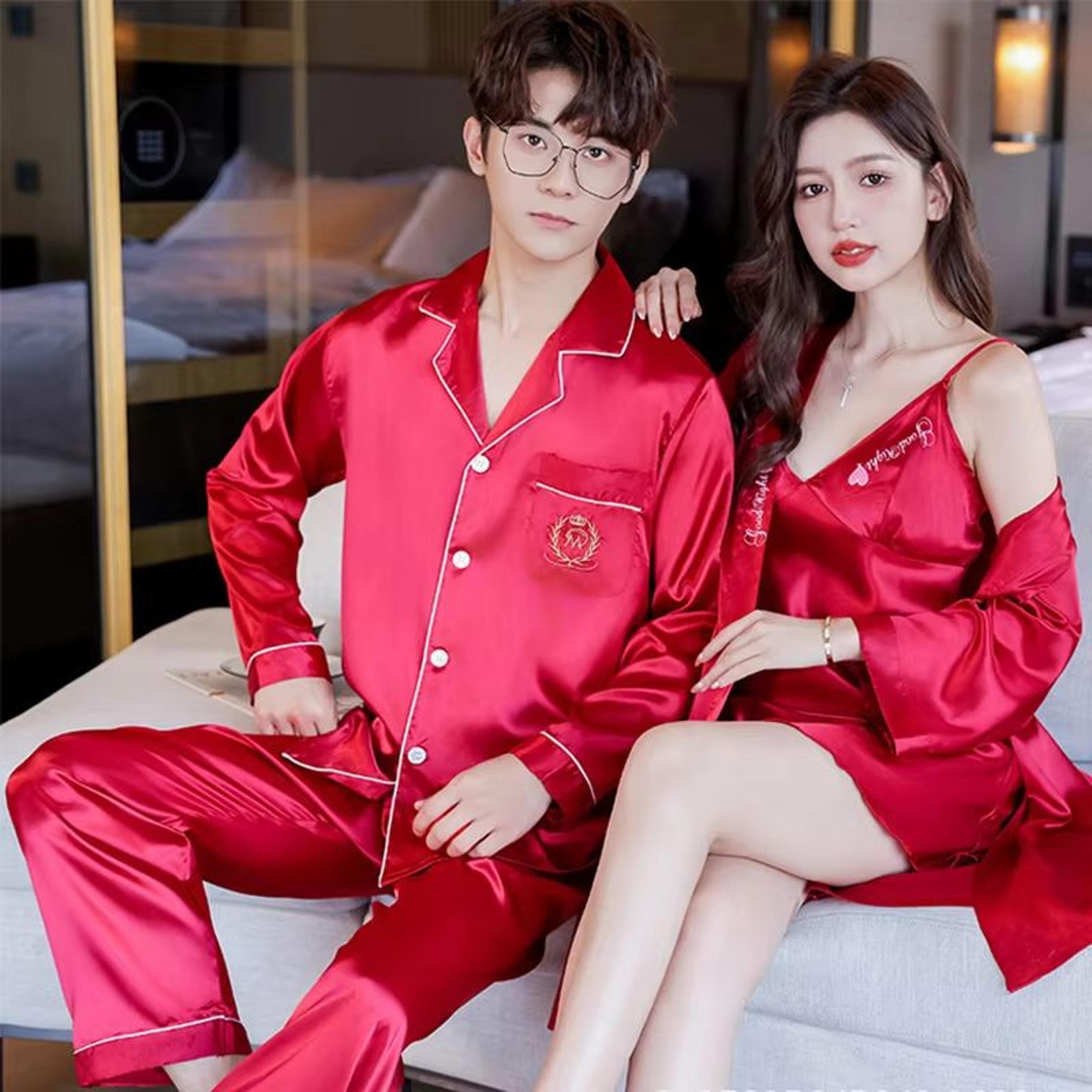 Luxury Silk Satin Couples Nightwear Set  Women Sexy Nightdress With Men Long Sleeve Pants  Robe Sle 17