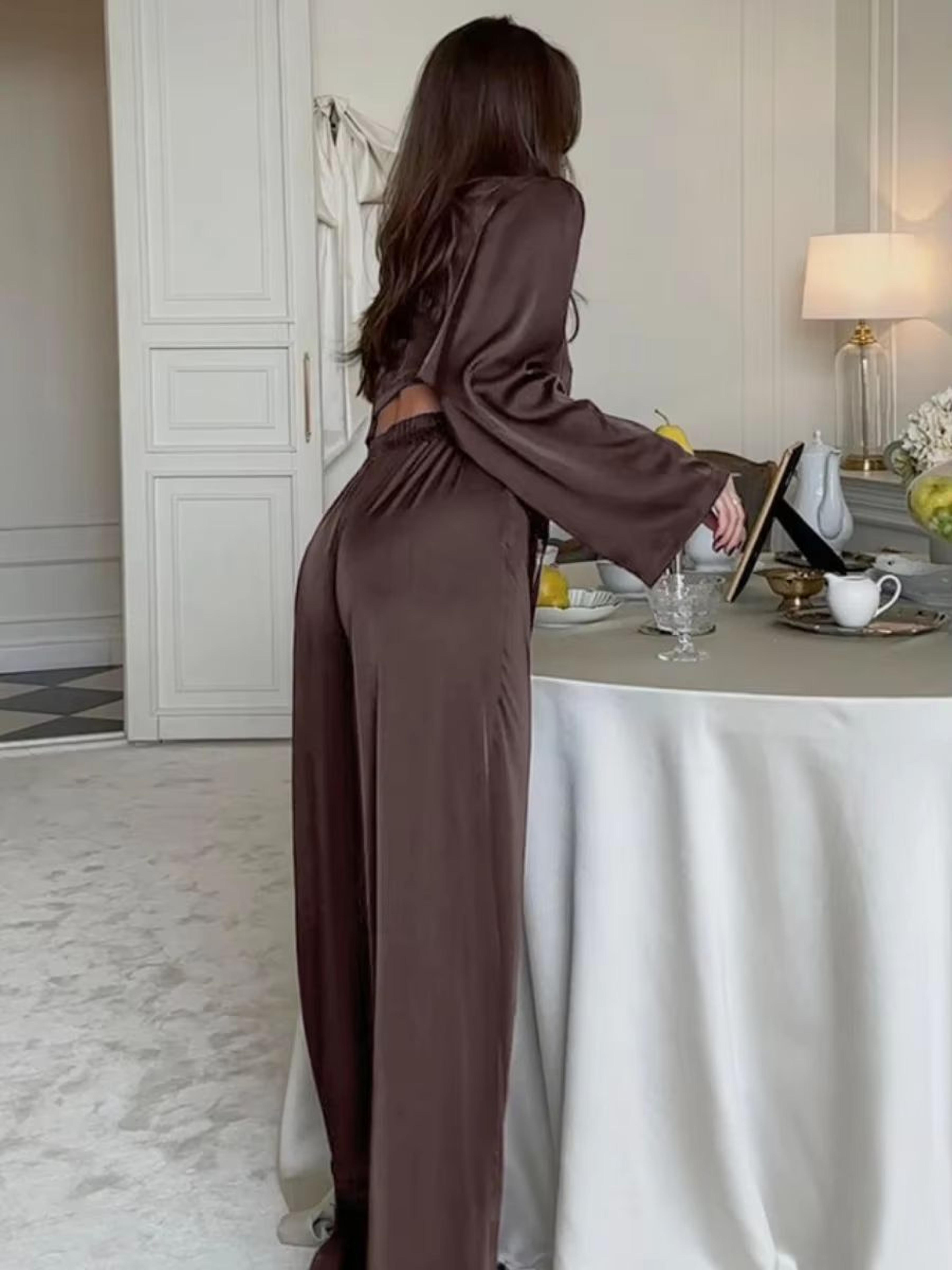 Blubelle Satin Tie Cardigan Pajama Set For Women Two Piece Long Sleeve Lounge Set With Loose Pants 3