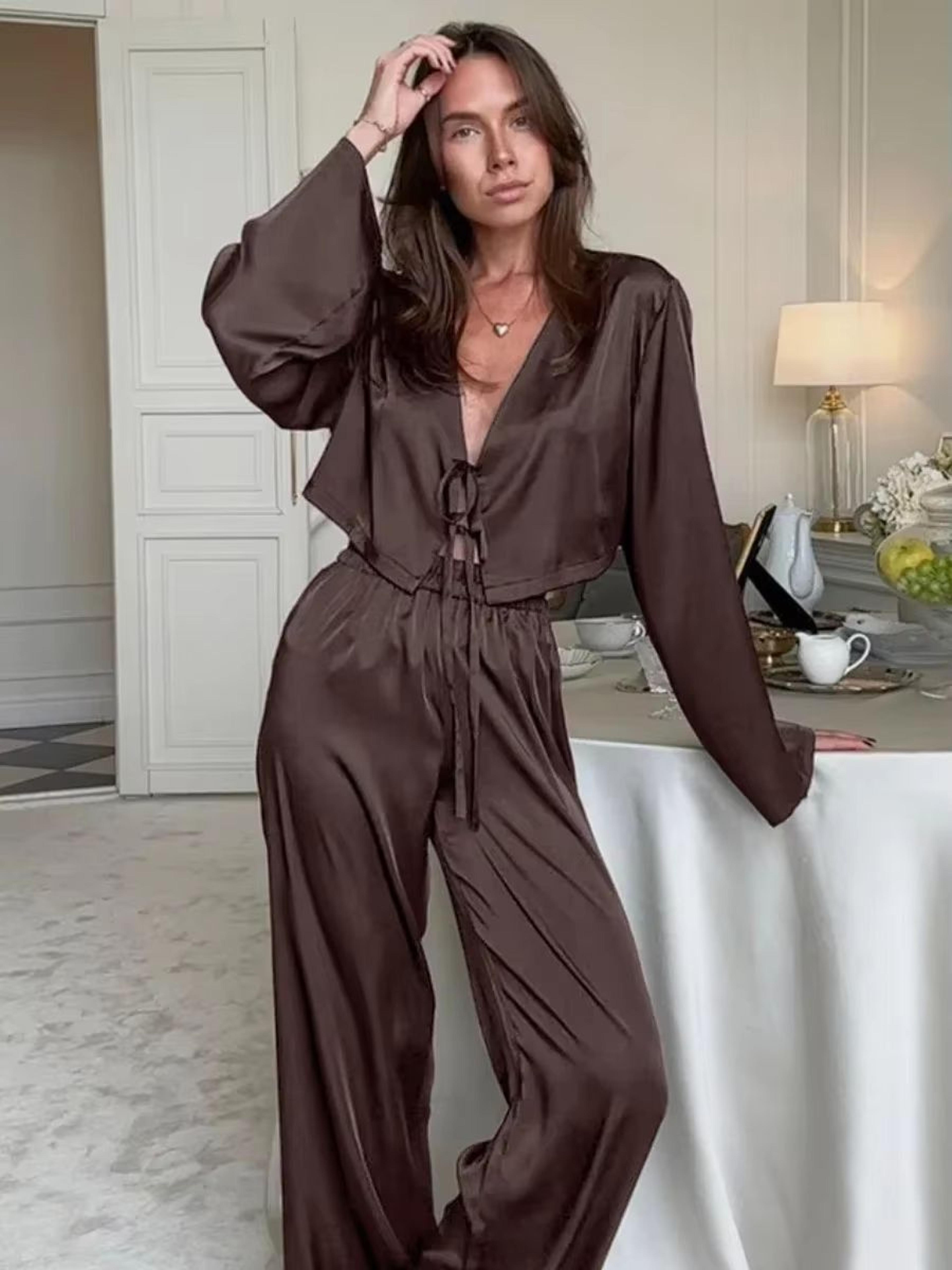 Blubelle Satin Tie Cardigan Pajama Set For Women Two Piece Long Sleeve Lounge Set With Loose Pants 6
