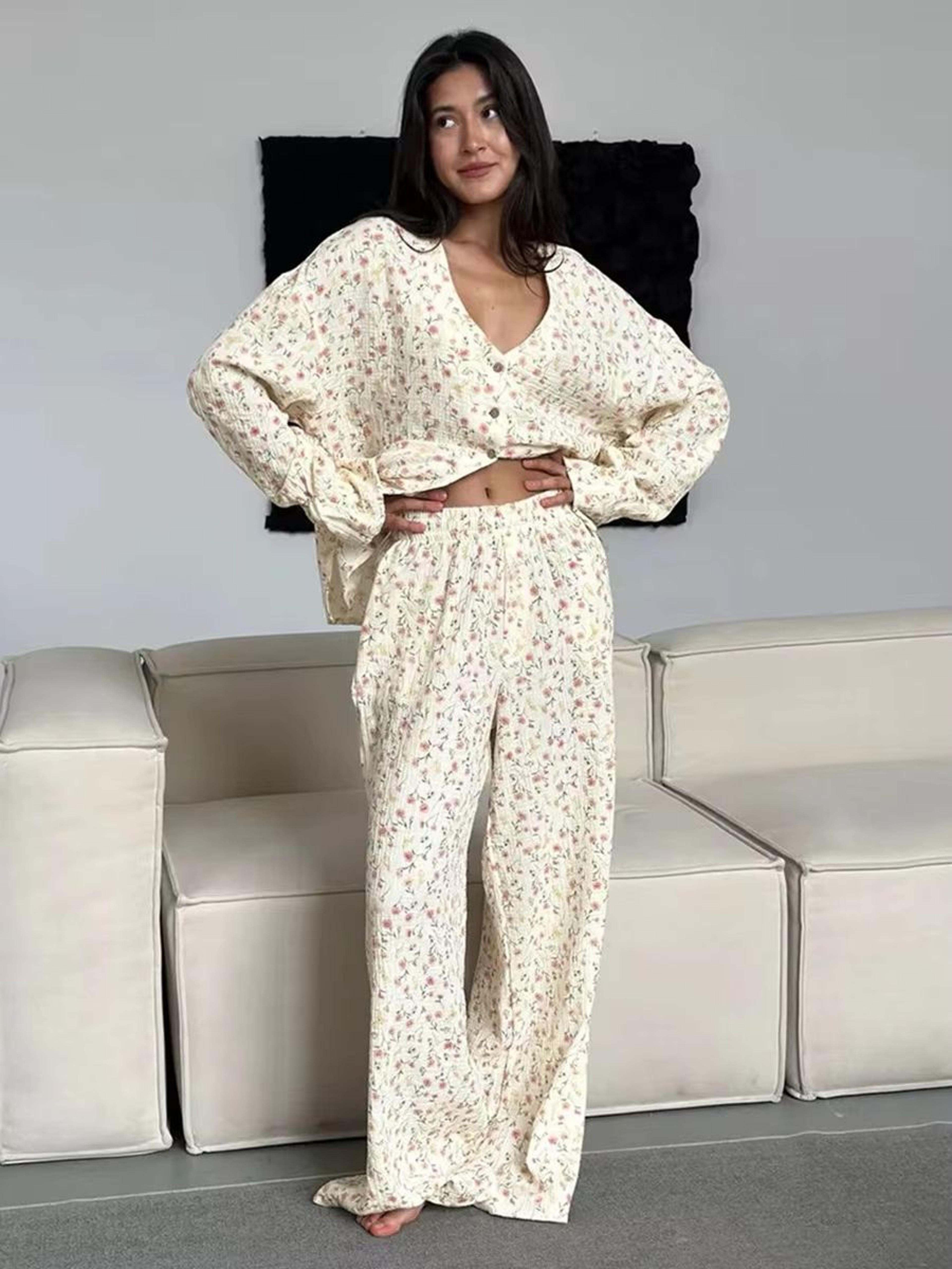 Muzuleva 100 Cotton Printed Cardigan Pajama Set For Women 5