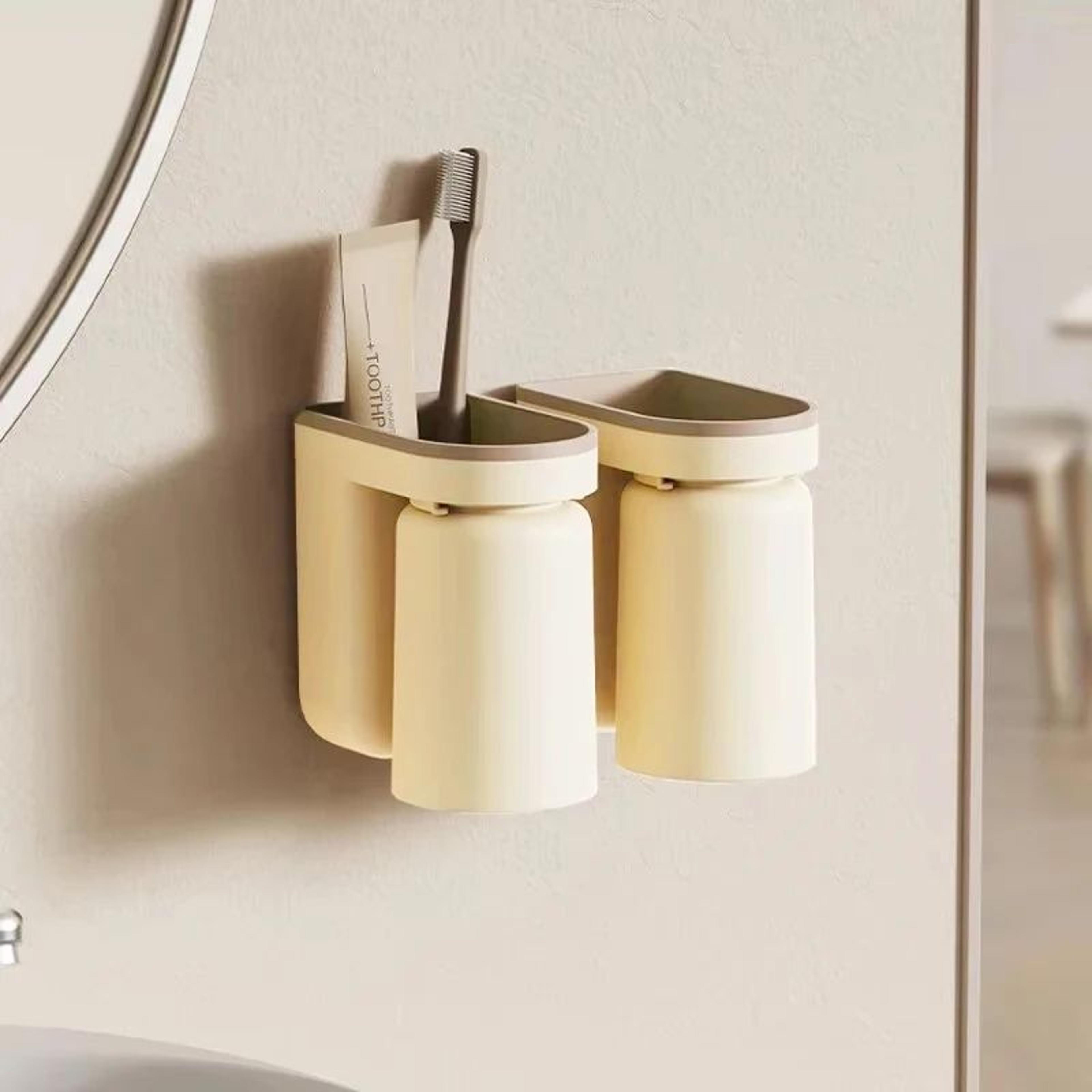 NoHole Wall Mounted Toothbrush Storage Rack With Mouthwash Cup  Bathroom Organizer  Toothbrush Hold 2