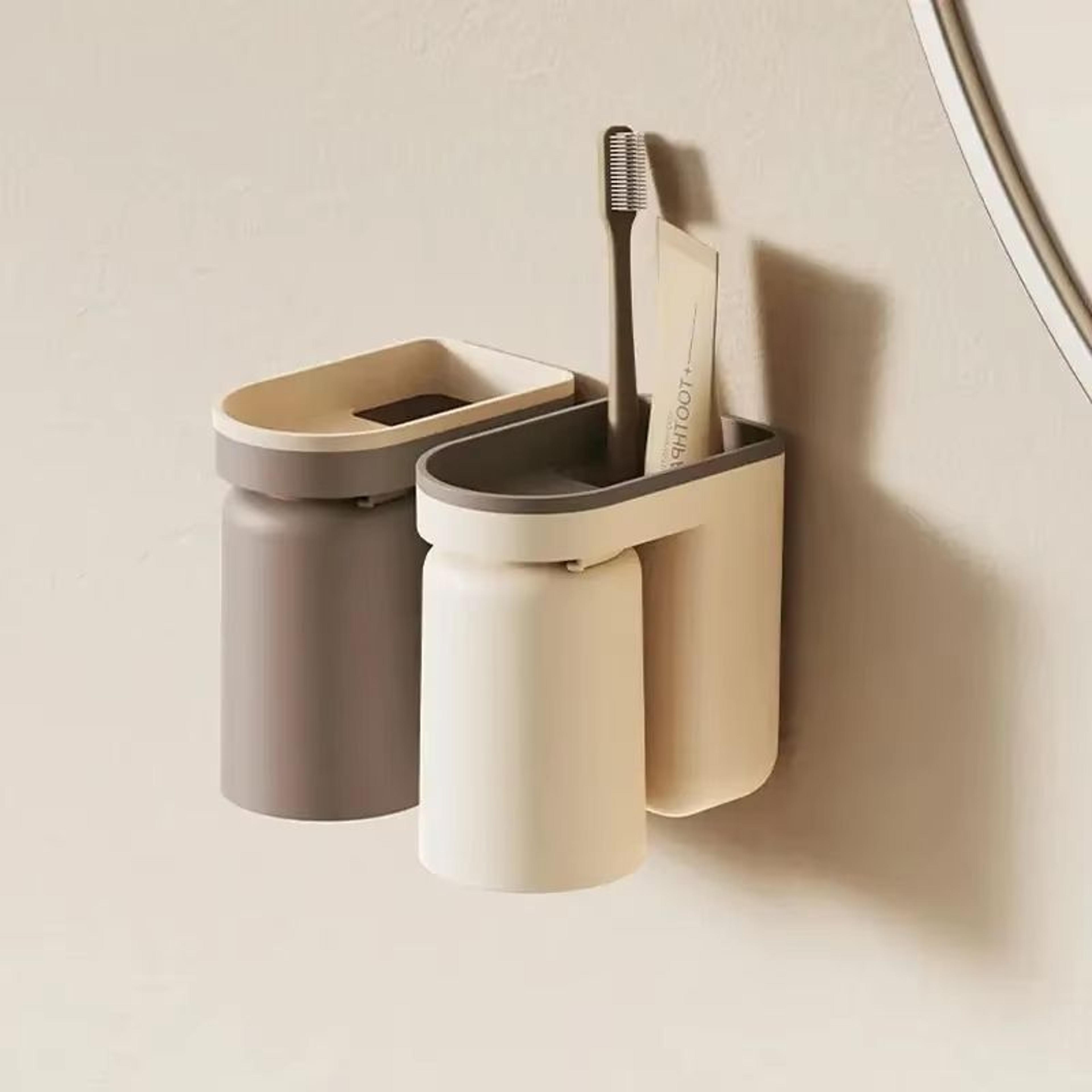NoHole Wall Mounted Toothbrush Storage Rack With Mouthwash Cup  Bathroom Organizer  Toothbrush Hold 7
