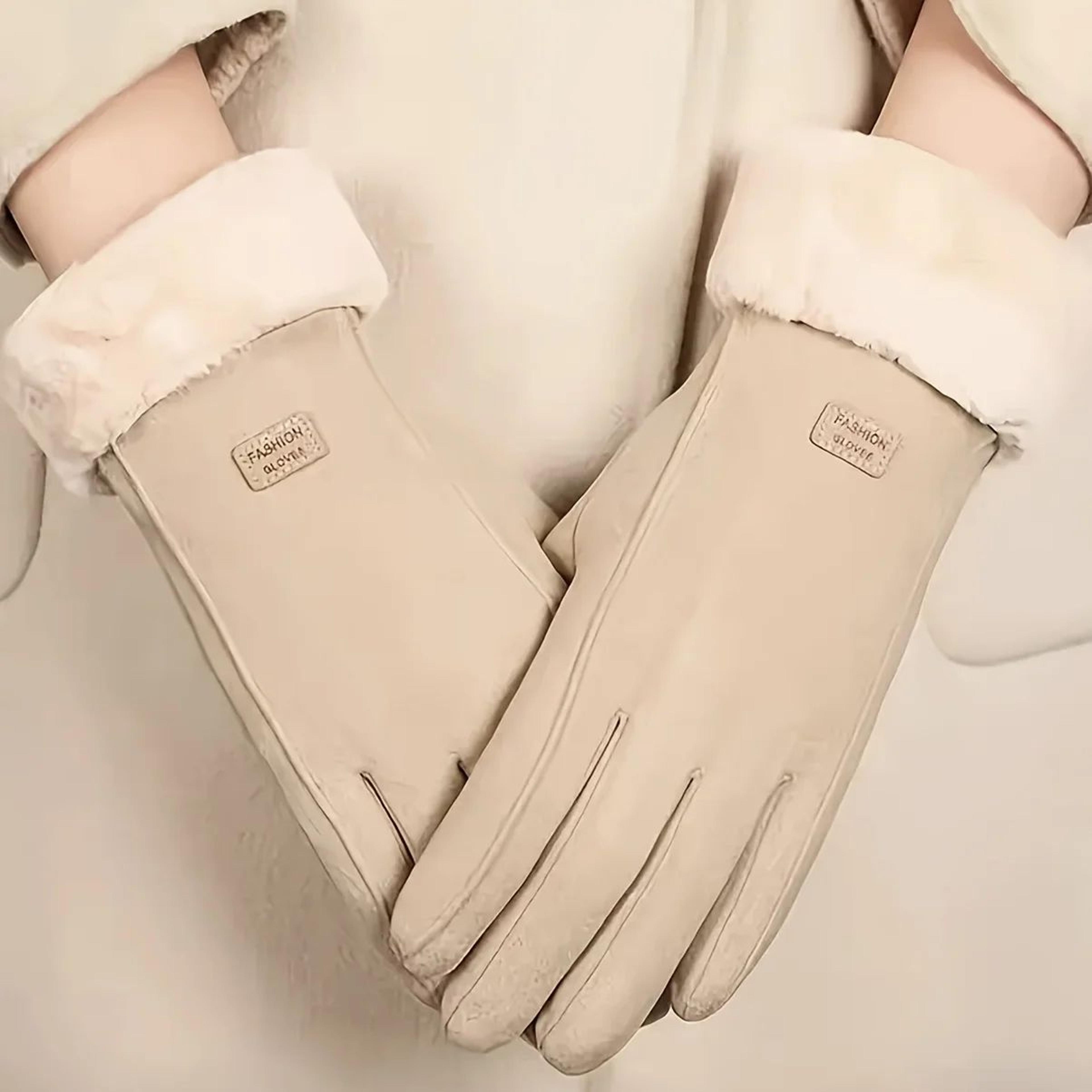 Beige Plush Lined Touchscreen Winter Gloves For Women And Men 3