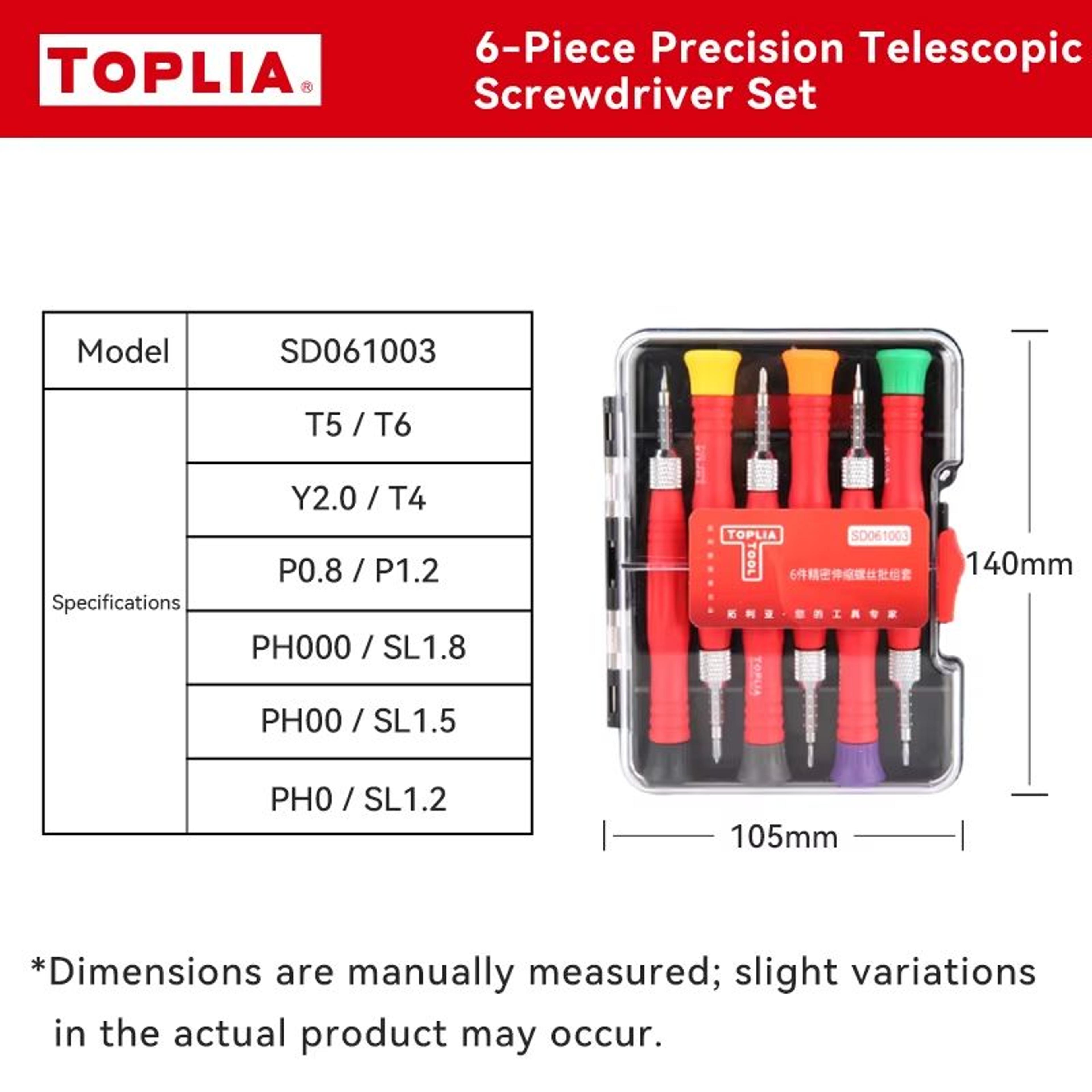 TOPLIA 6Piece Precision Extendable Screwdriver Set With MultiSize Interchangeable Bits For Electron 6