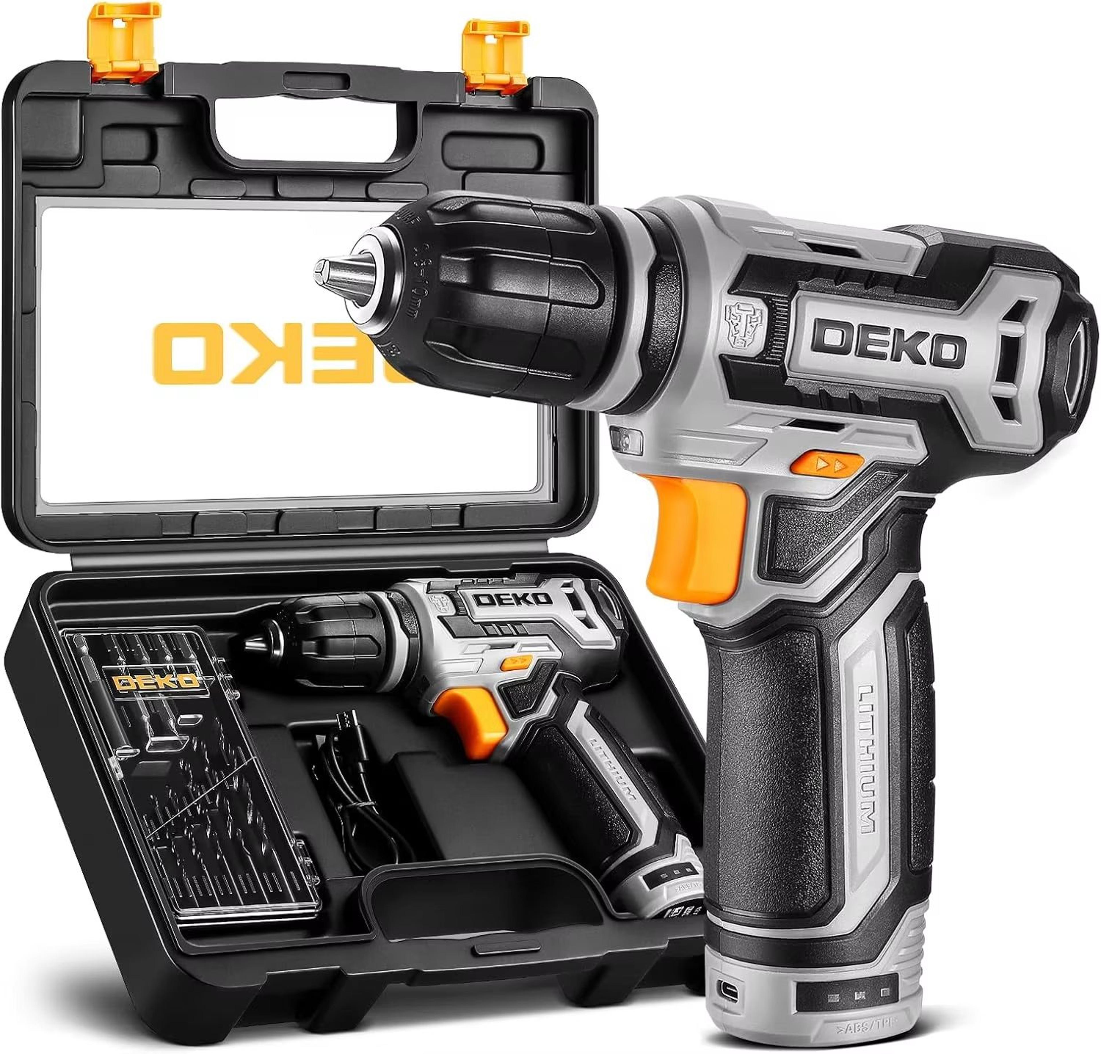 deko 12v cordless power drill with 3/8 inch keyless chuck in portable tool kit gift box