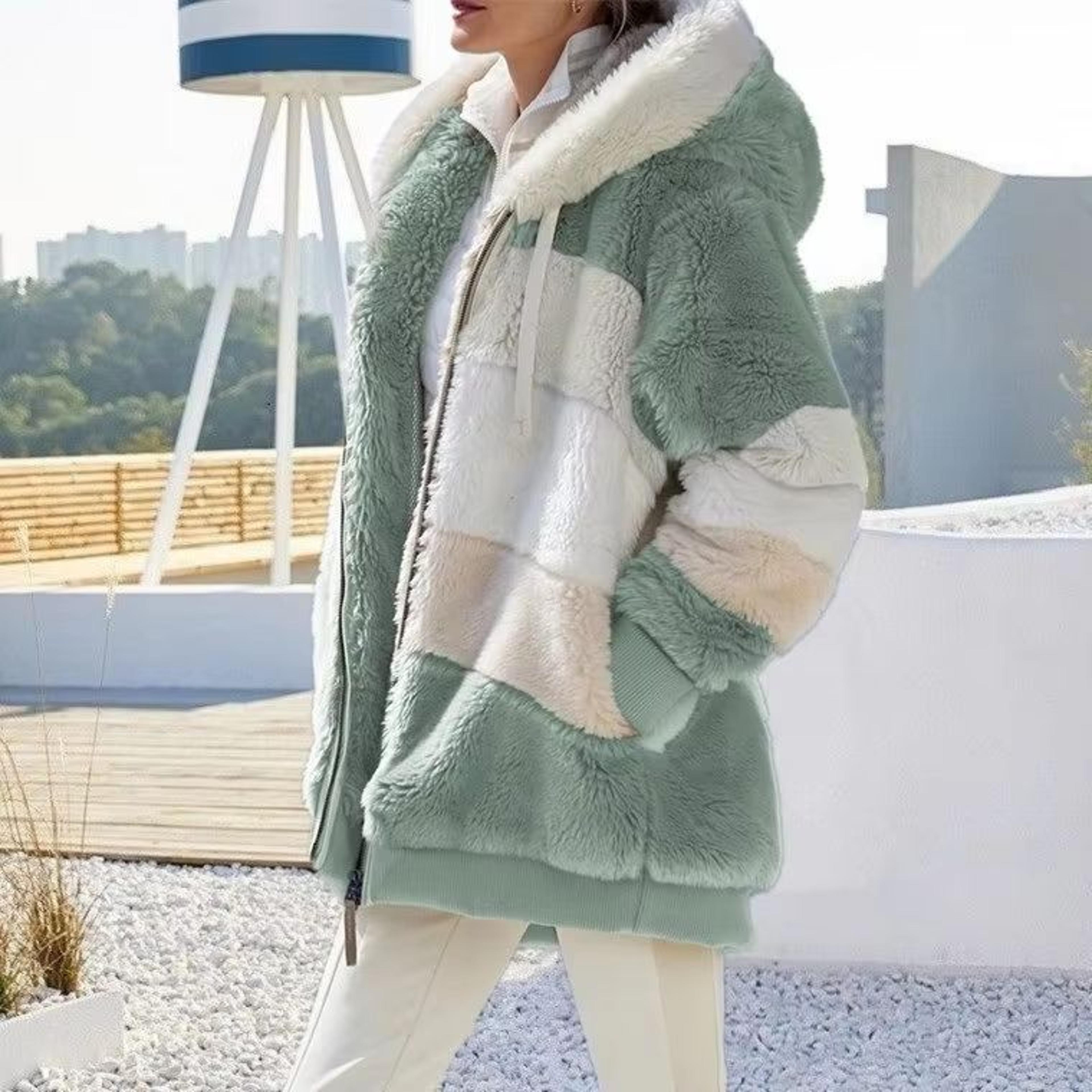Womens Oversized Plush Hooded Zip Jacket With Pockets Cozy Winter Streetwear Coat 9