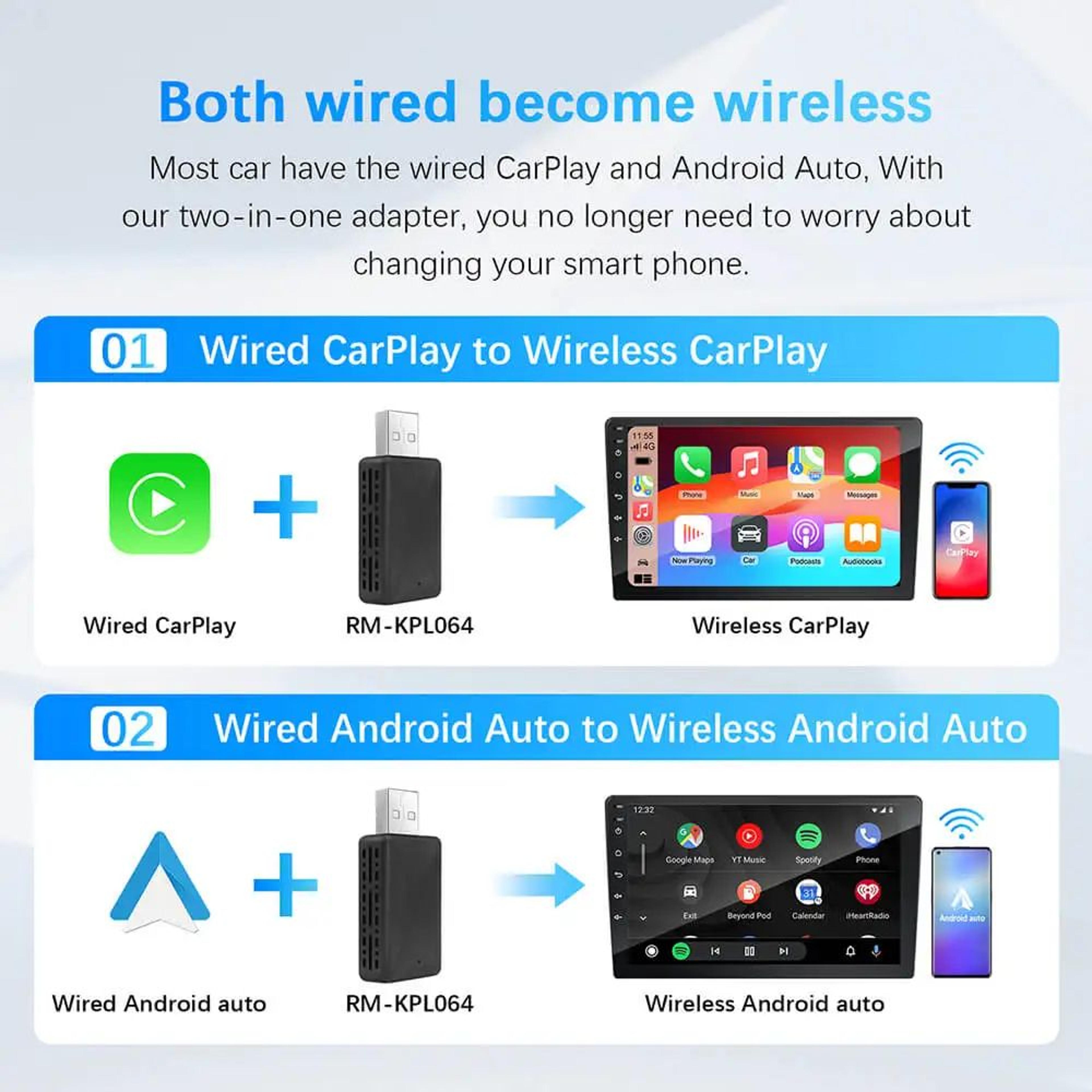 2in1 Wireless CarPlay Adapter And Android Auto Wireless Adapter USB Plug And Play Converter For OEM