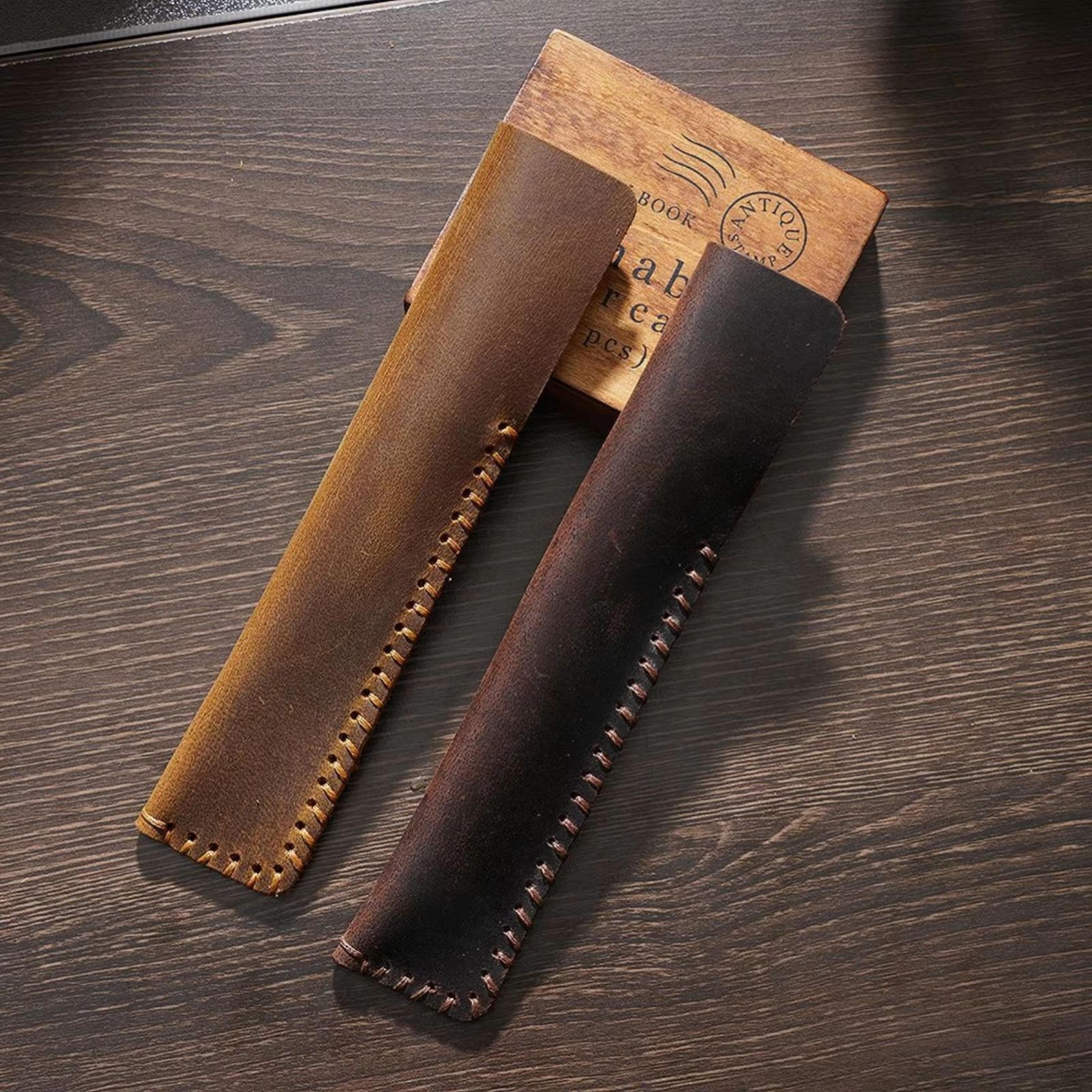 Handmade Retro Cowhide Leather Pencil Case Vintage Single Pen Holder Organizer 4