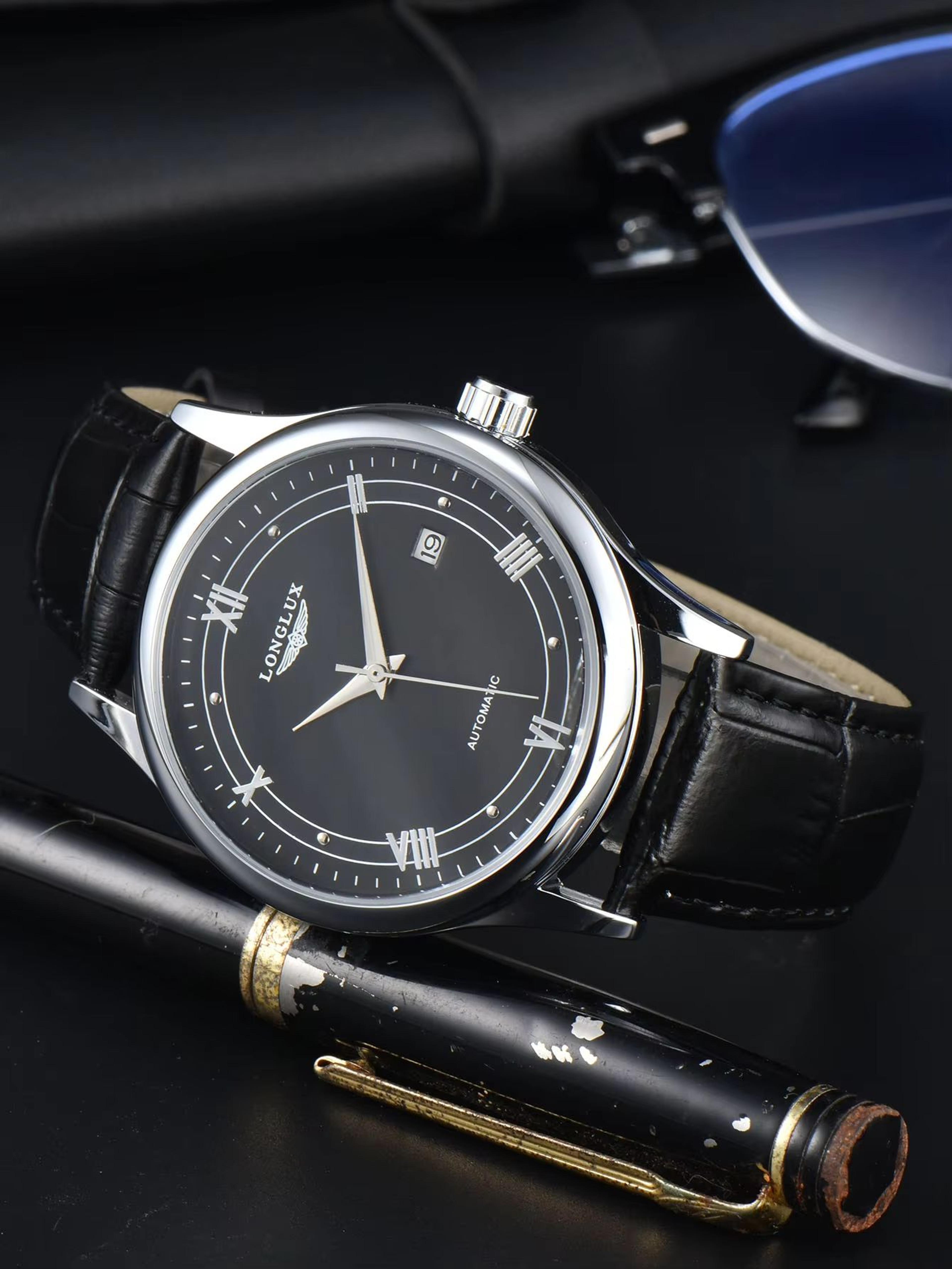 LONGLUX Automatic Mechanical Mens Watch Classic Leather Strap Watch With Date Display 1