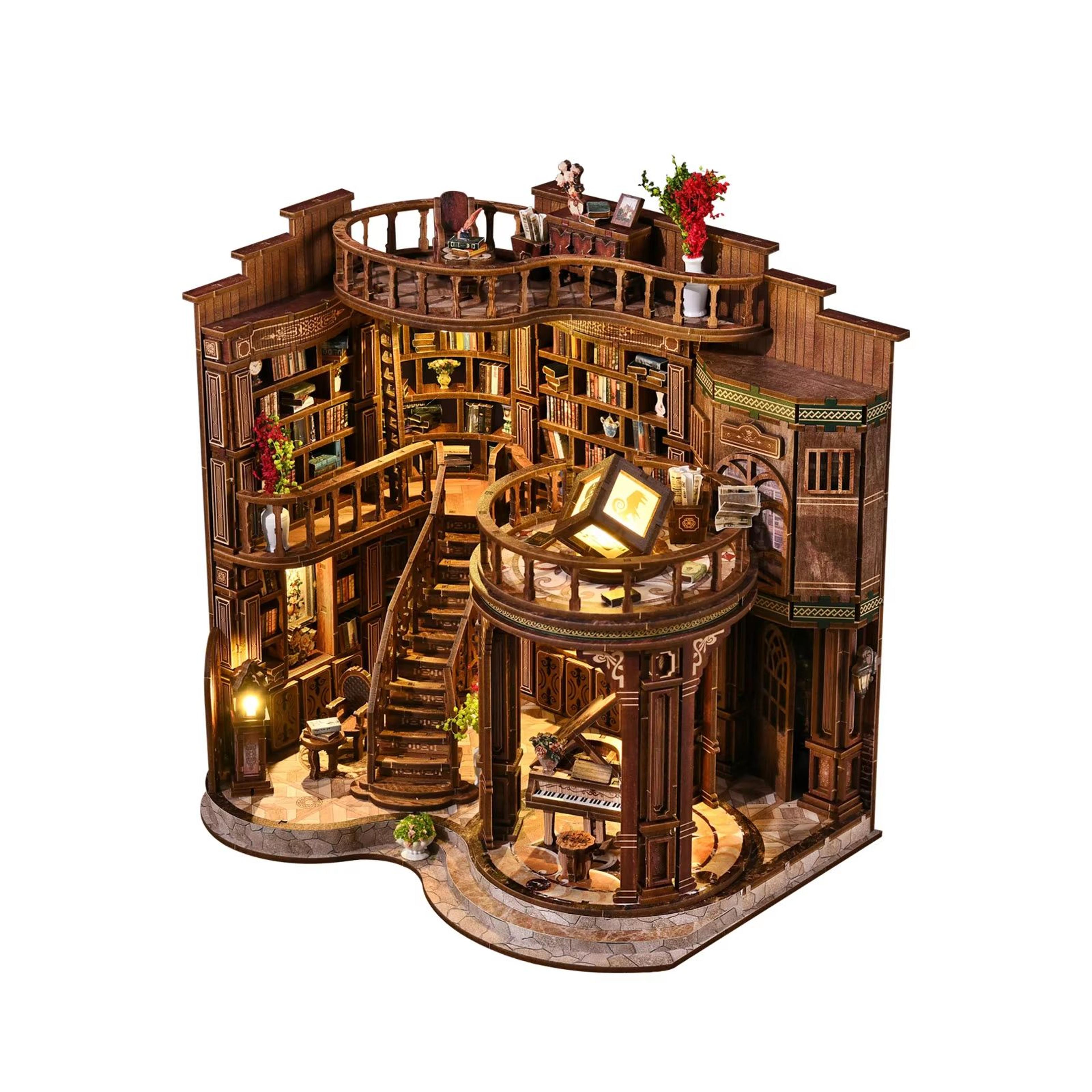DIY Book Nook Miniature House Kit Handmade Bookshelf Insert Model With LED Decor 6