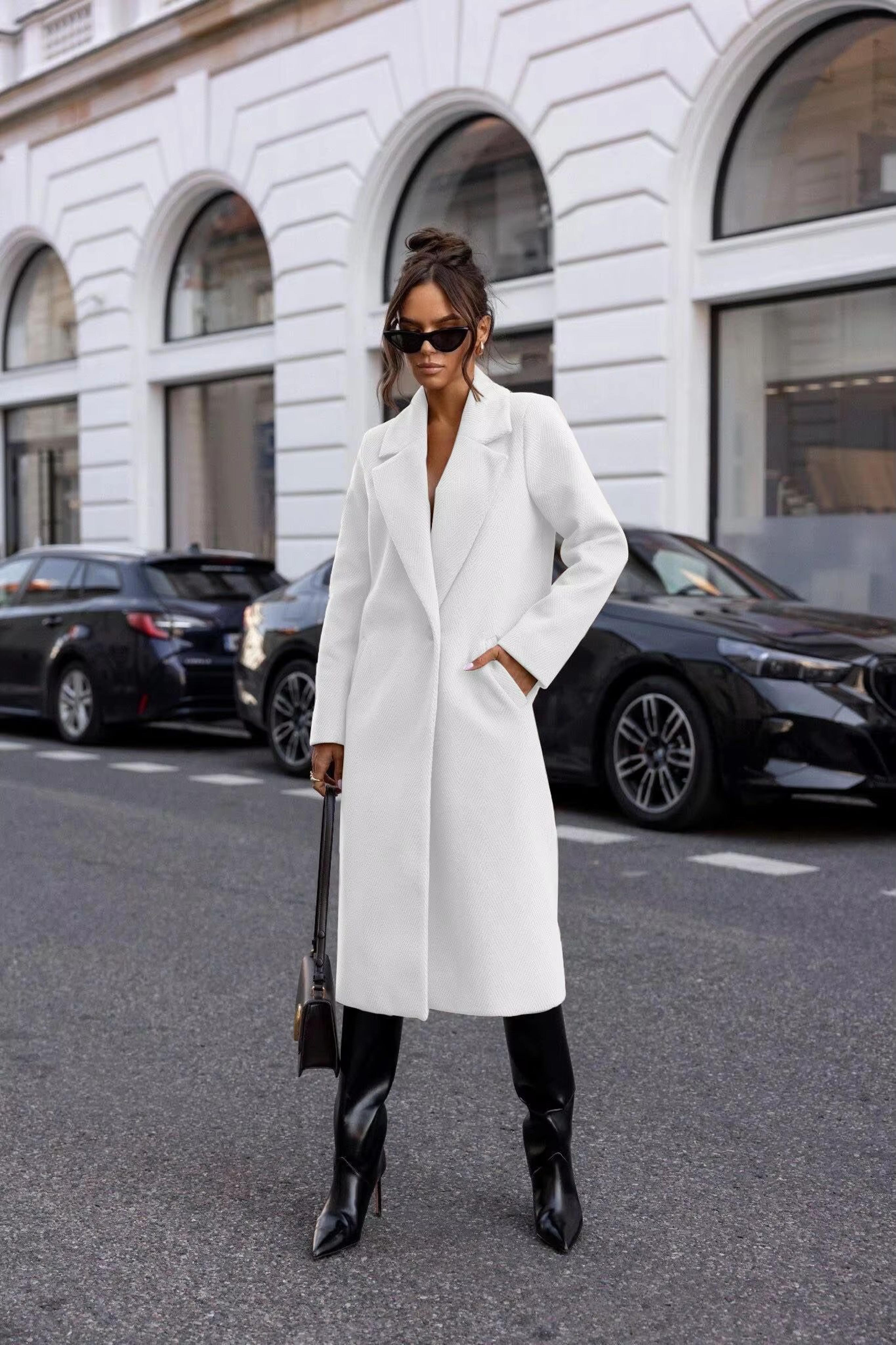 Elegant Womens Trench Coat  MidLong Winter Pea Coat With Notched Lapel And Pockets 10