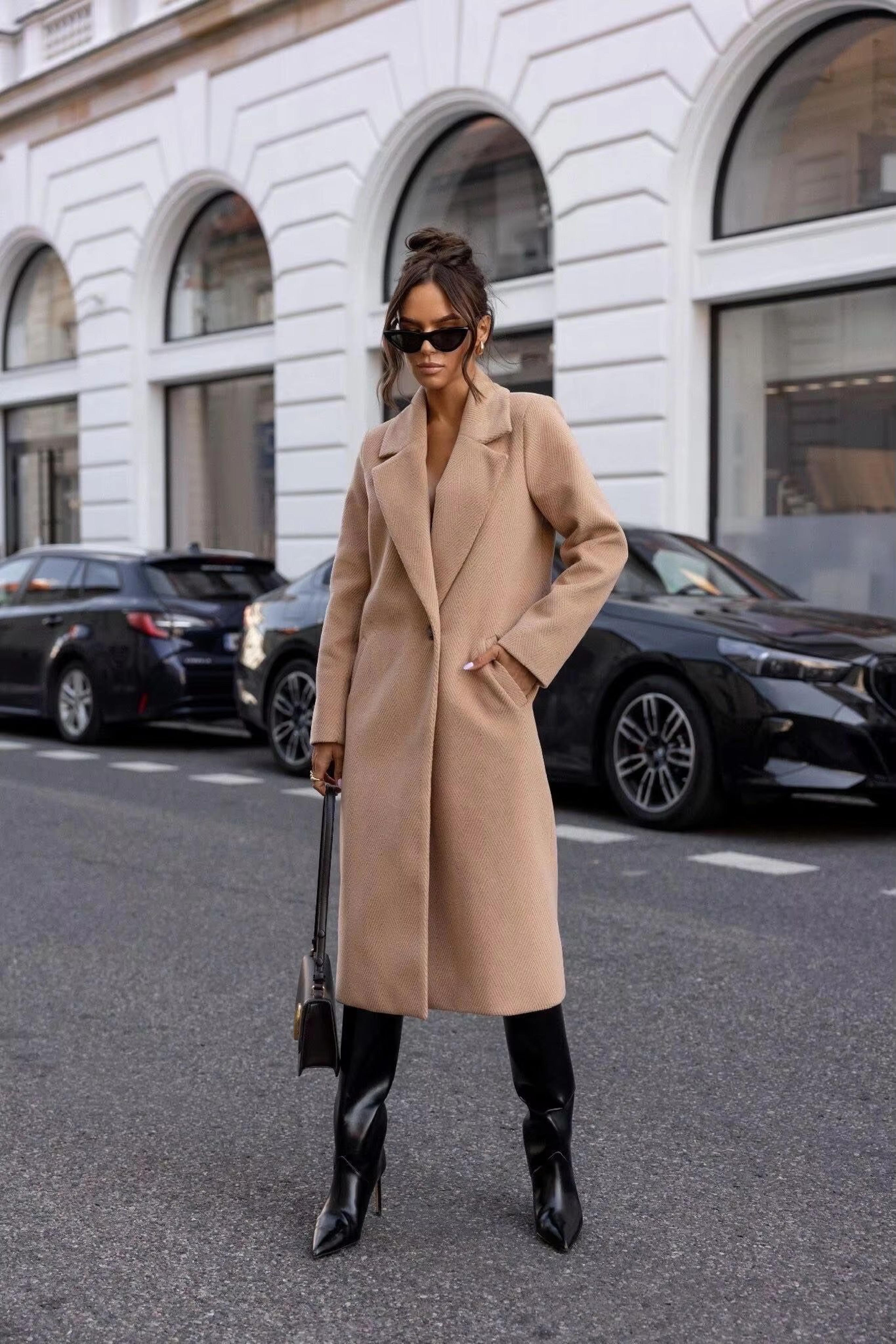Elegant Womens Trench Coat  MidLong Winter Pea Coat With Notched Lapel And Pockets 6