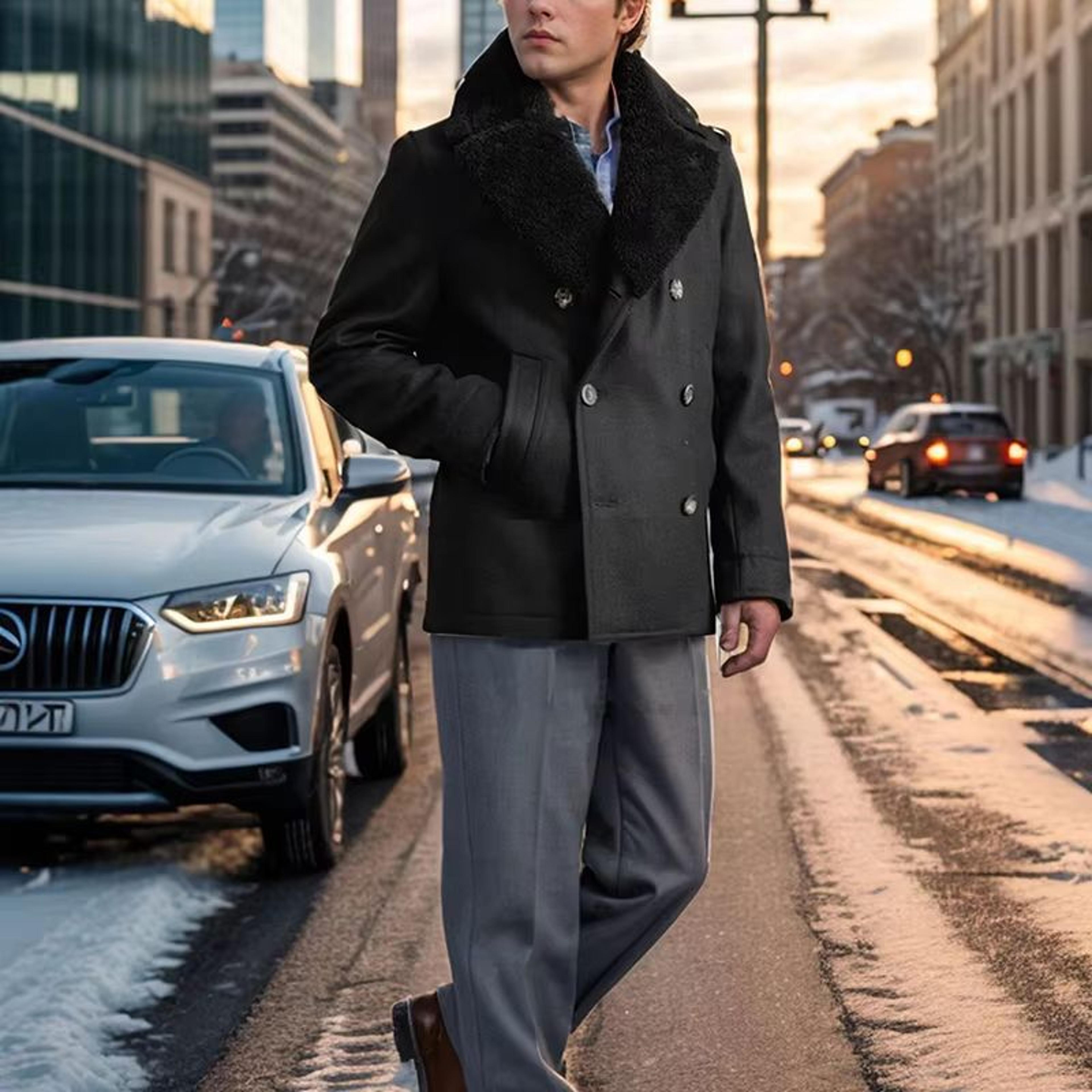 Contrast Detail Mens Wool Pea Coat  Classic Double Breasted Pea Coat Winter Overcoat 1