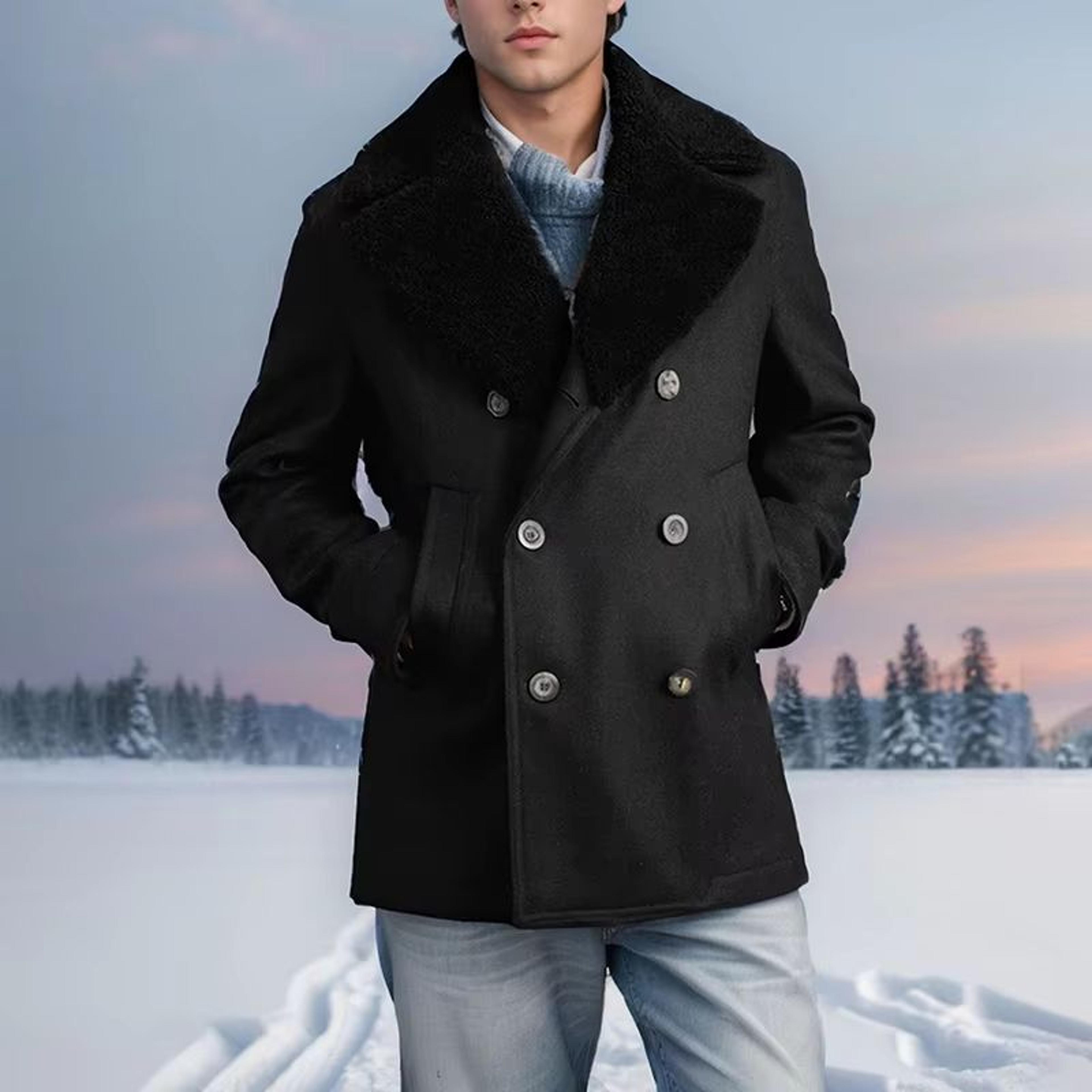 Contrast Detail Mens Wool Pea Coat  Classic Double Breasted Pea Coat Winter Overcoat 6