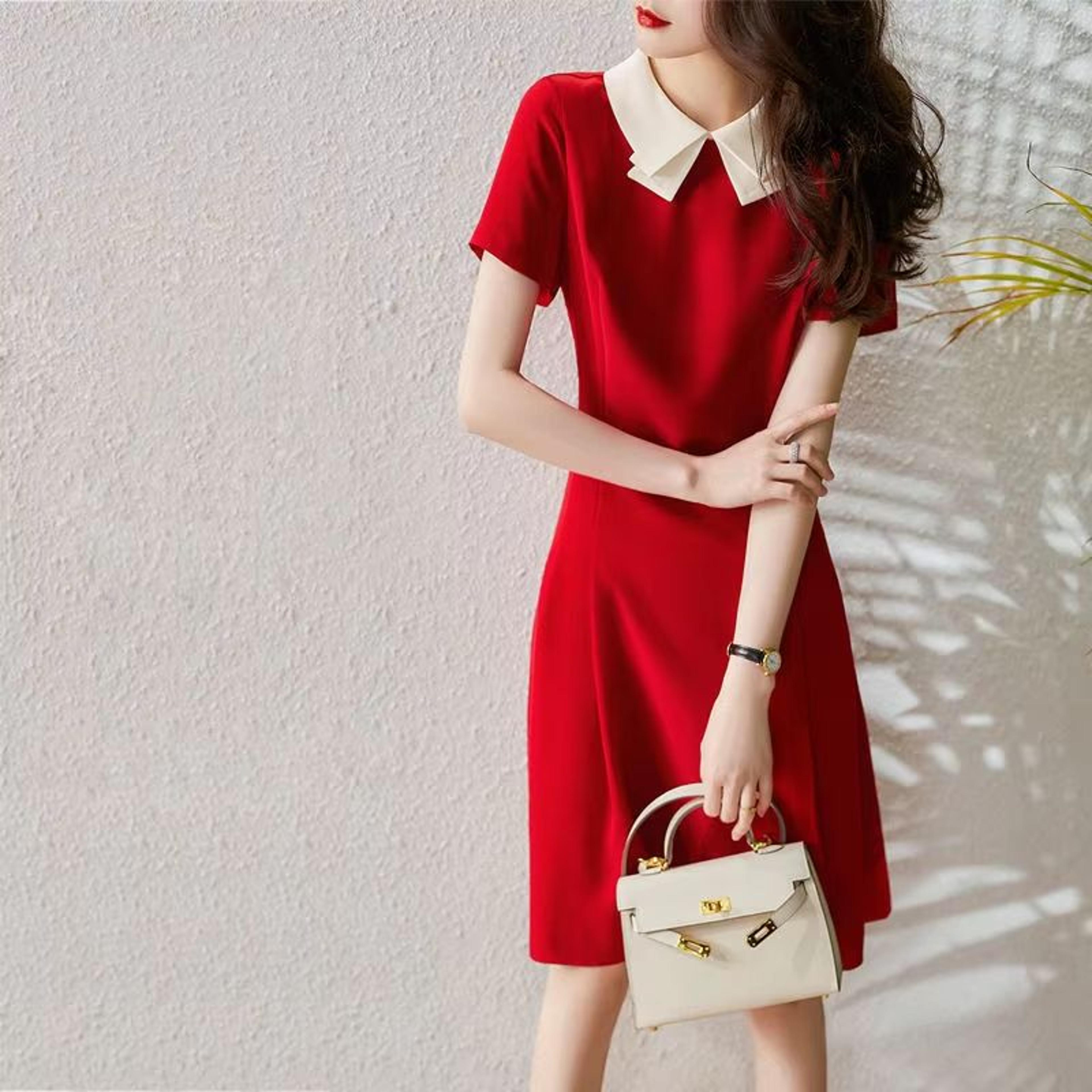 elegant red a line dress doll collar slim fit women dress soft vintage style red dress
