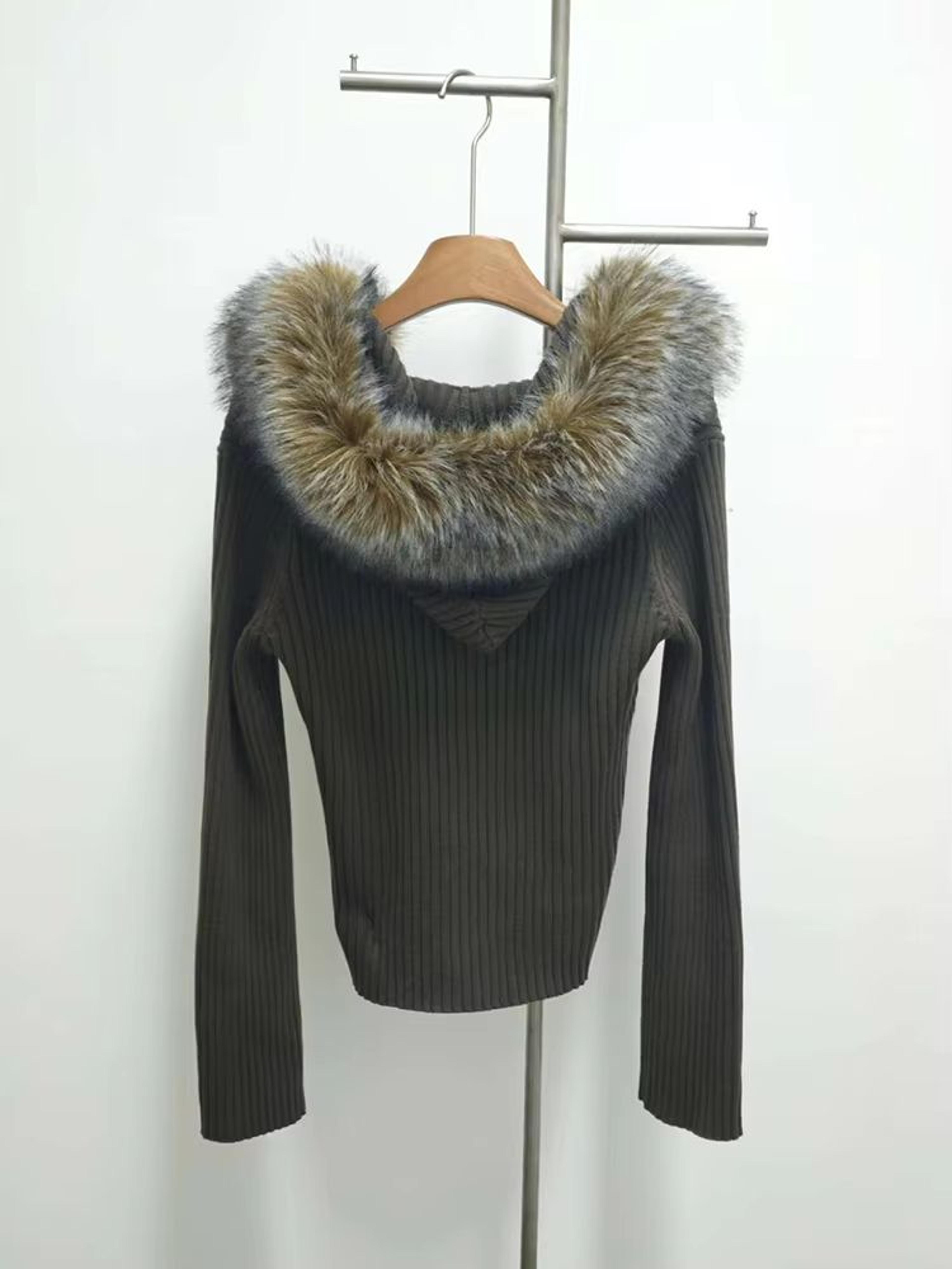 Military Green Oversized Fur Collar Jacket With Hooded Zip Knit Sweater Coat For Women 2