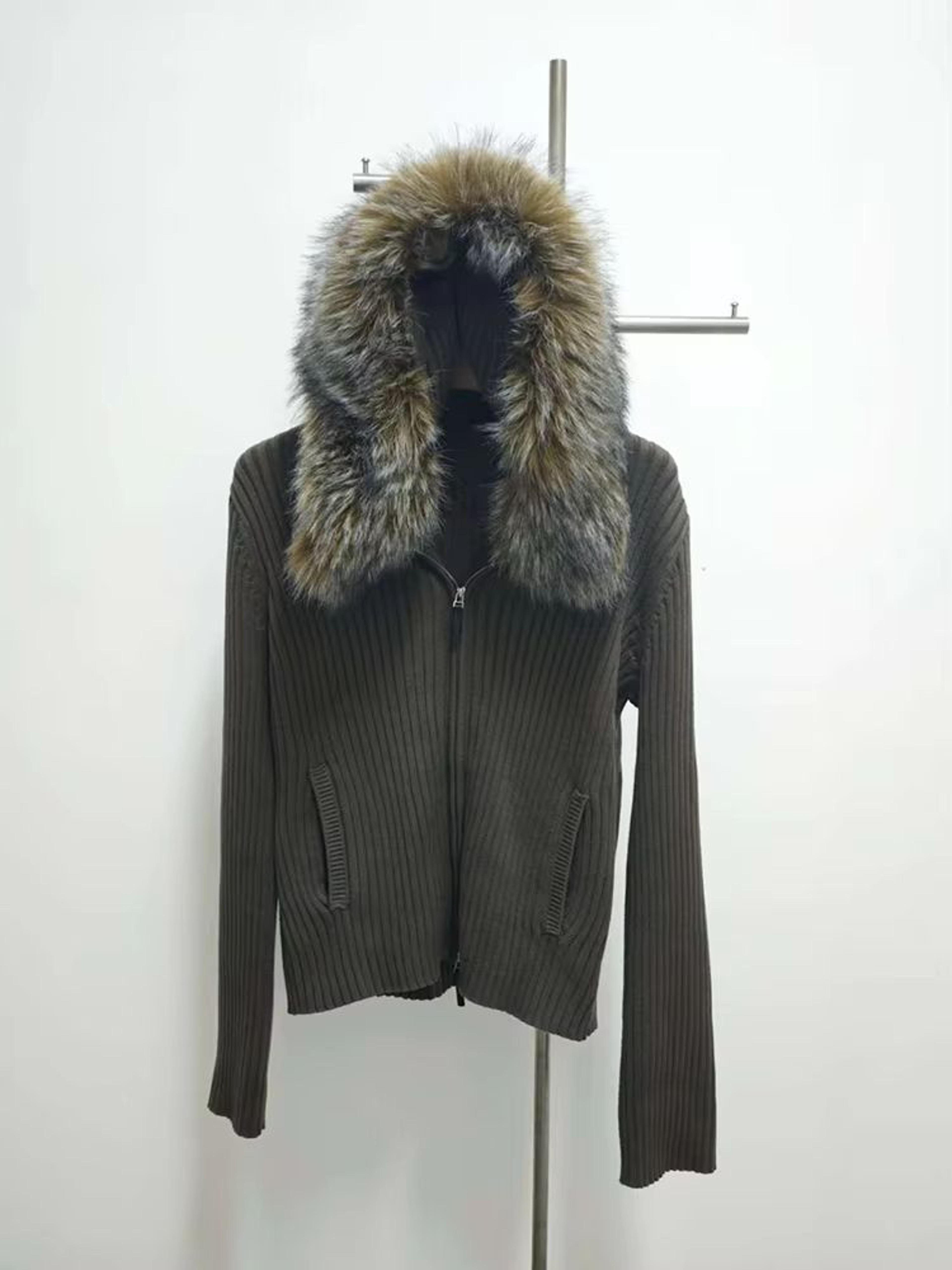 Military Green Oversized Fur Collar Jacket With Hooded Zip Knit Sweater Coat For Women 6