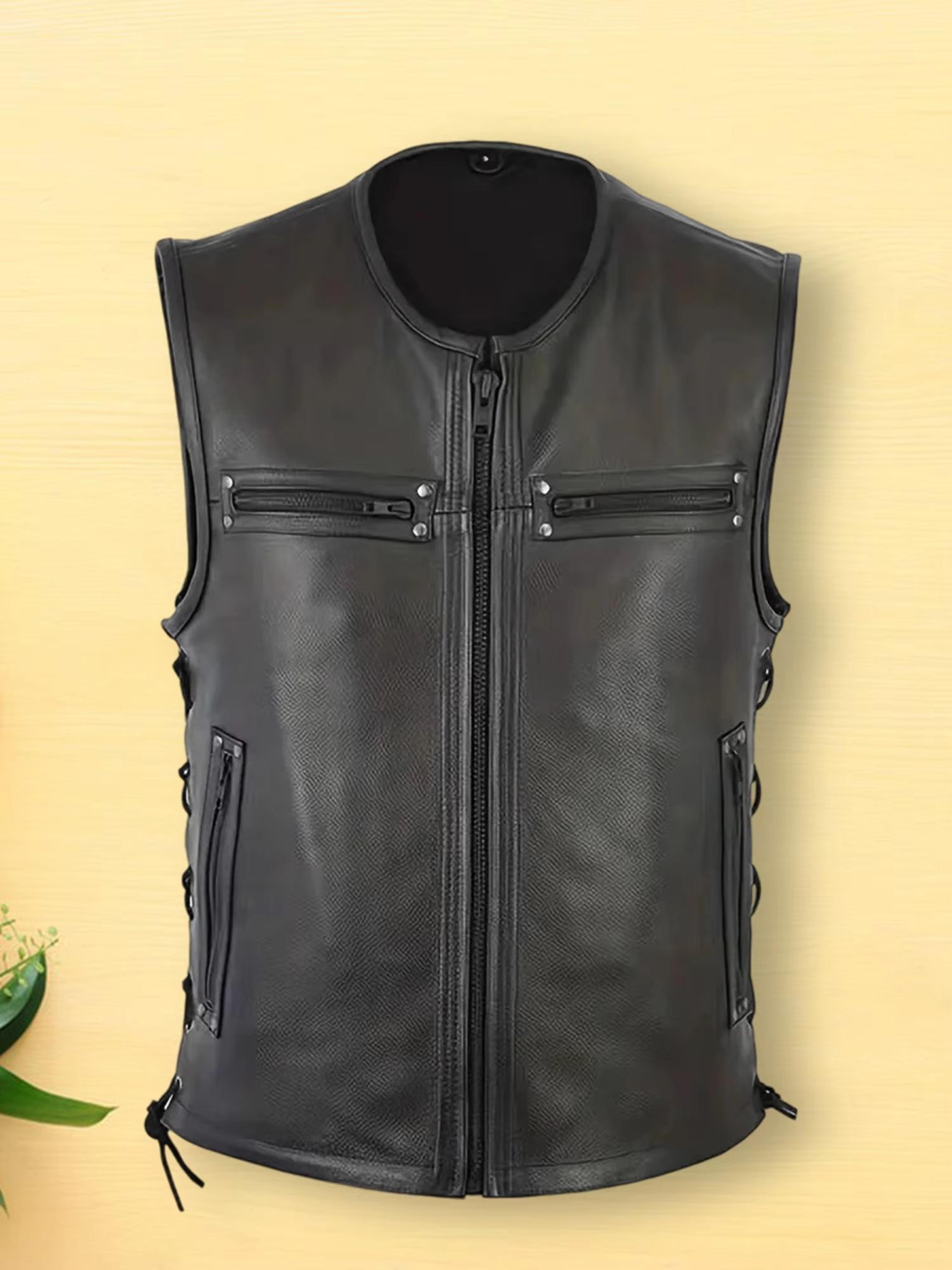 men's genuine leather biker vest with multi pocket design and zipper sleeveless jacket