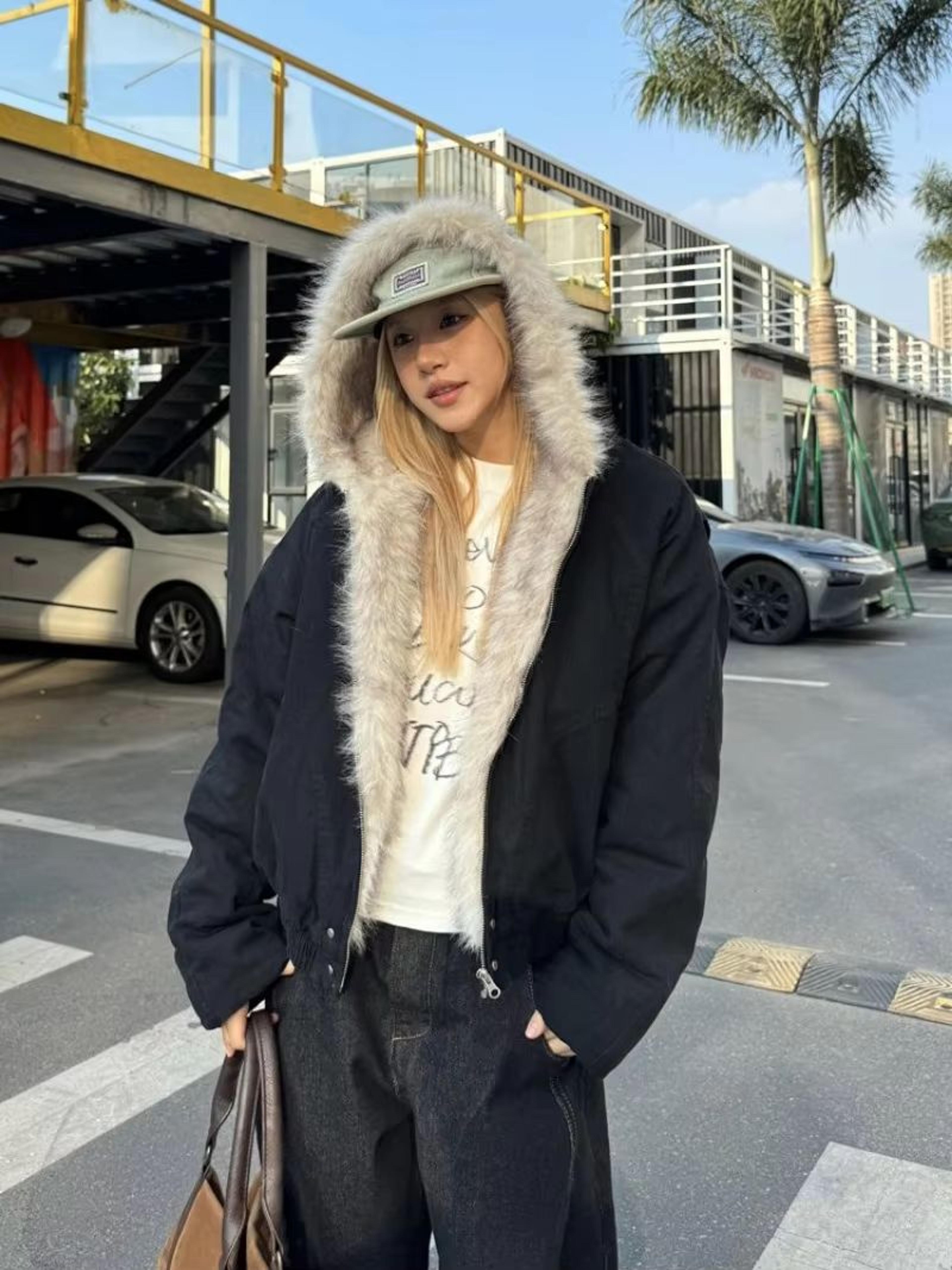 Womens Y2K Fur Collar Jacket Oversized Velvet Hooded Streetwear Coat 5