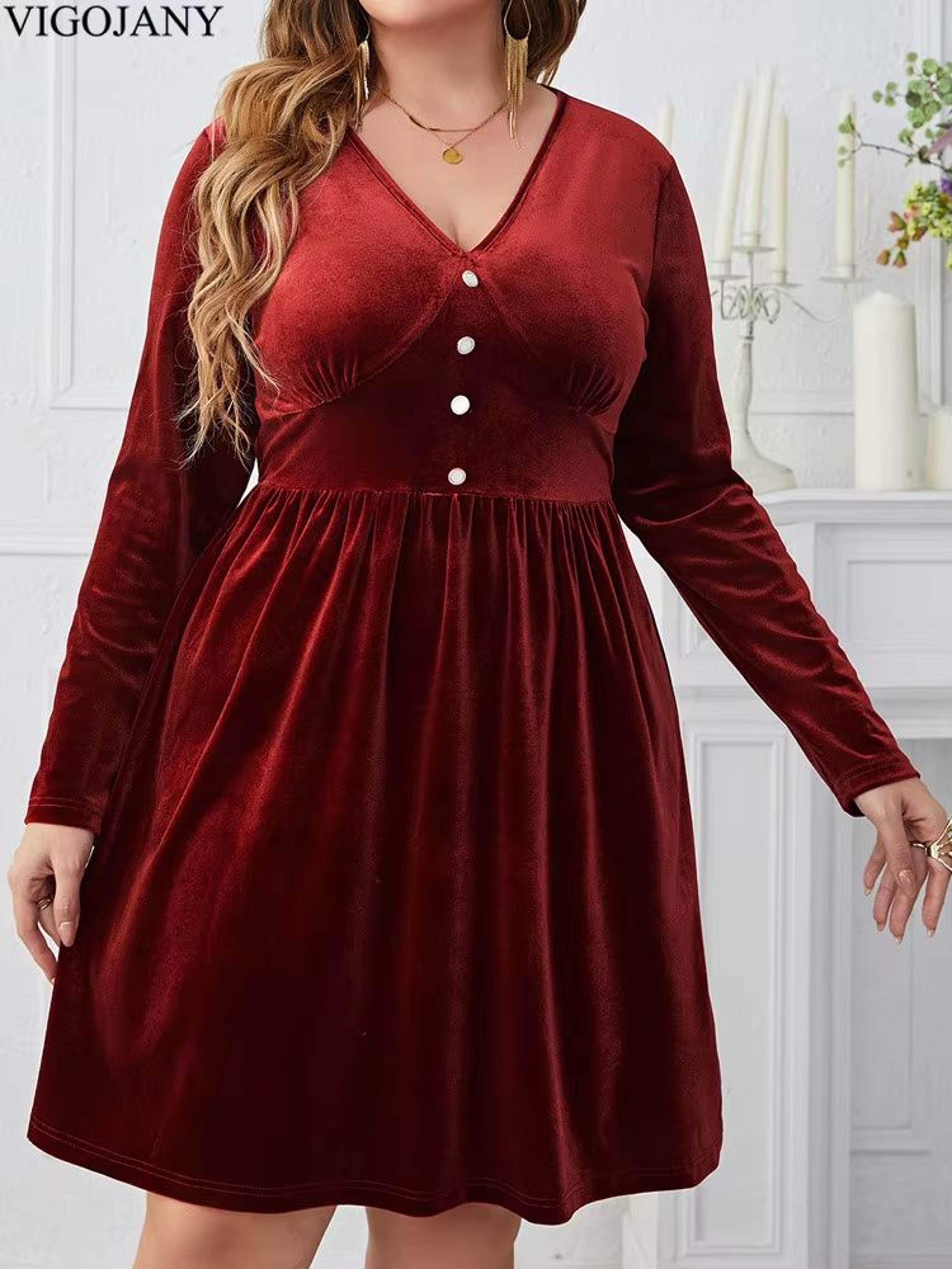 Vigojany Elegant Plus Size Velvet Dress Red V Neck Velvet Dress Long Sleeve Curvy Party Dress 1