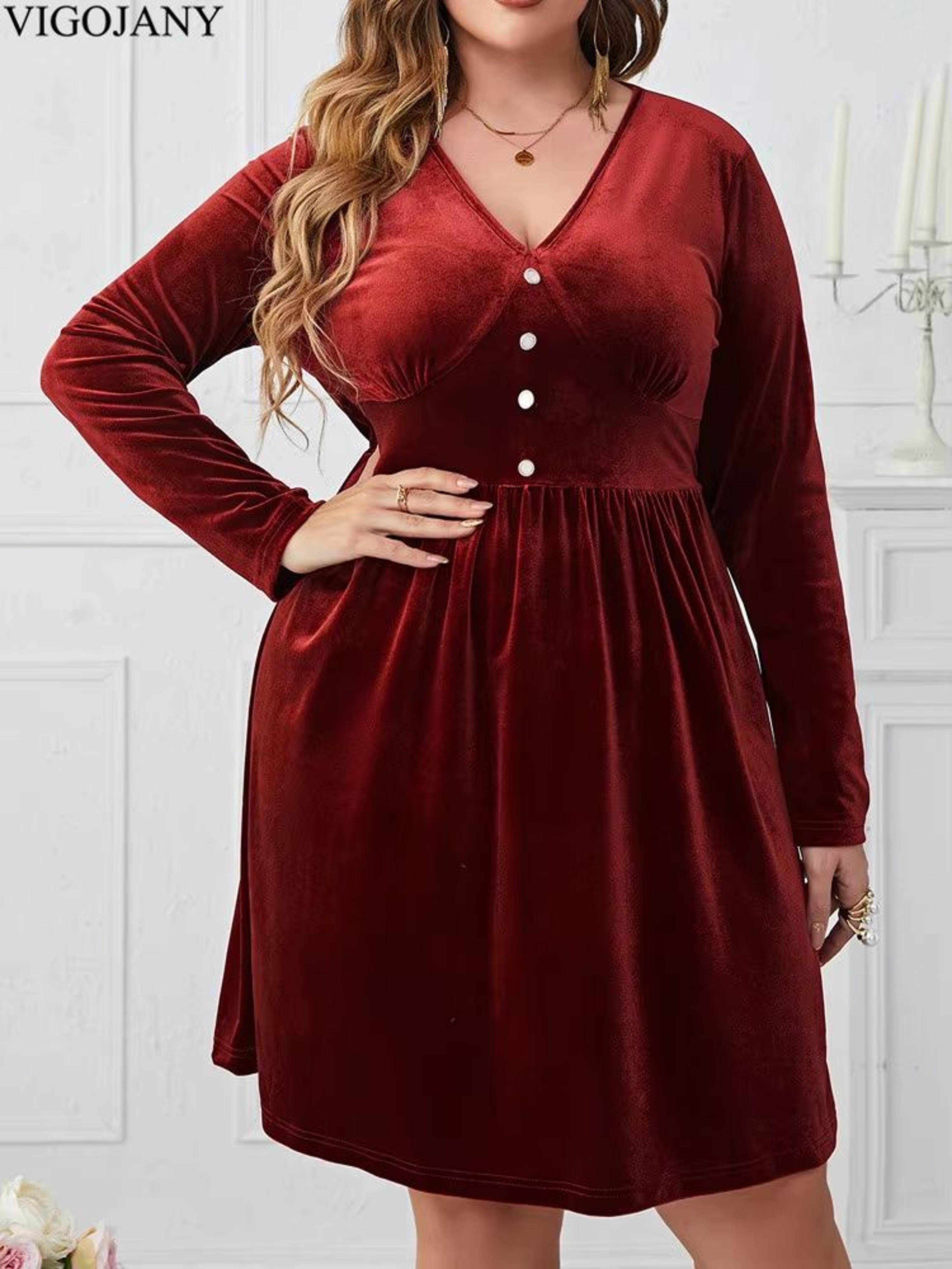 Vigojany Elegant Plus Size Velvet Dress Red V Neck Velvet Dress Long Sleeve Curvy Party Dress 6